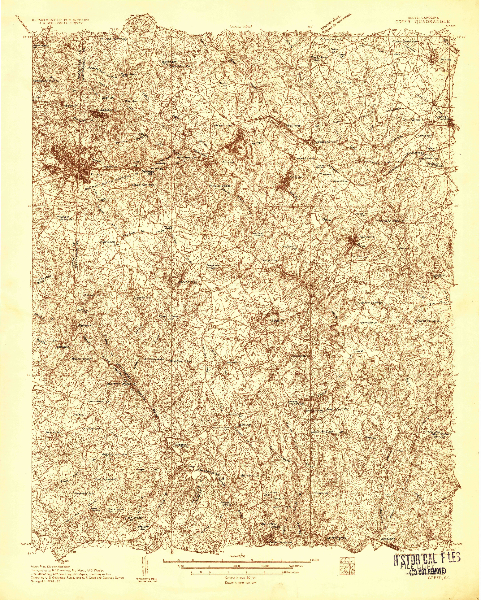 USGS 1:48000-SCALE QUADRANGLE FOR GREER, SC 1935