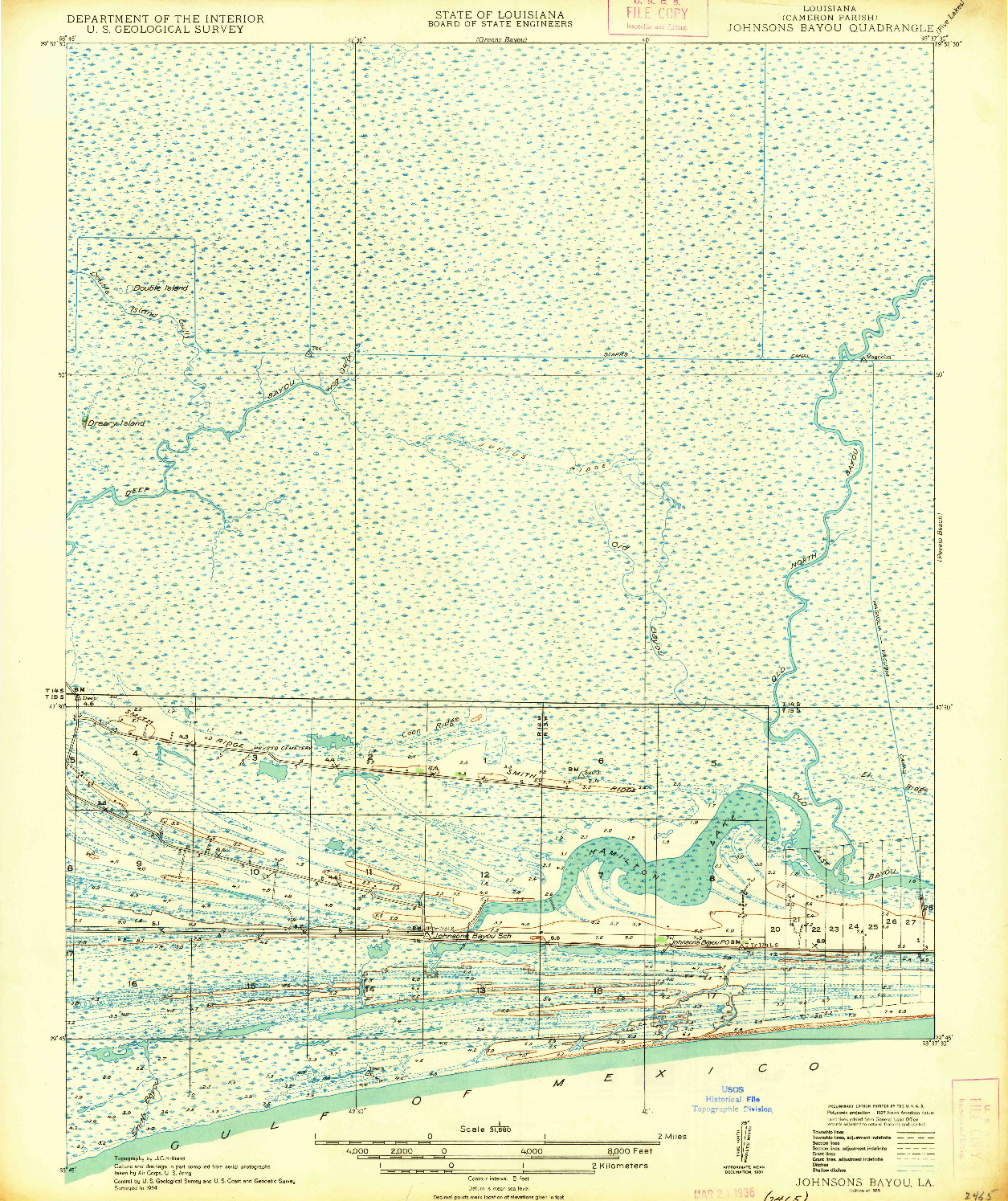 USGS 1:31680-SCALE QUADRANGLE FOR JOHNSONS BAYOU, LA 1935