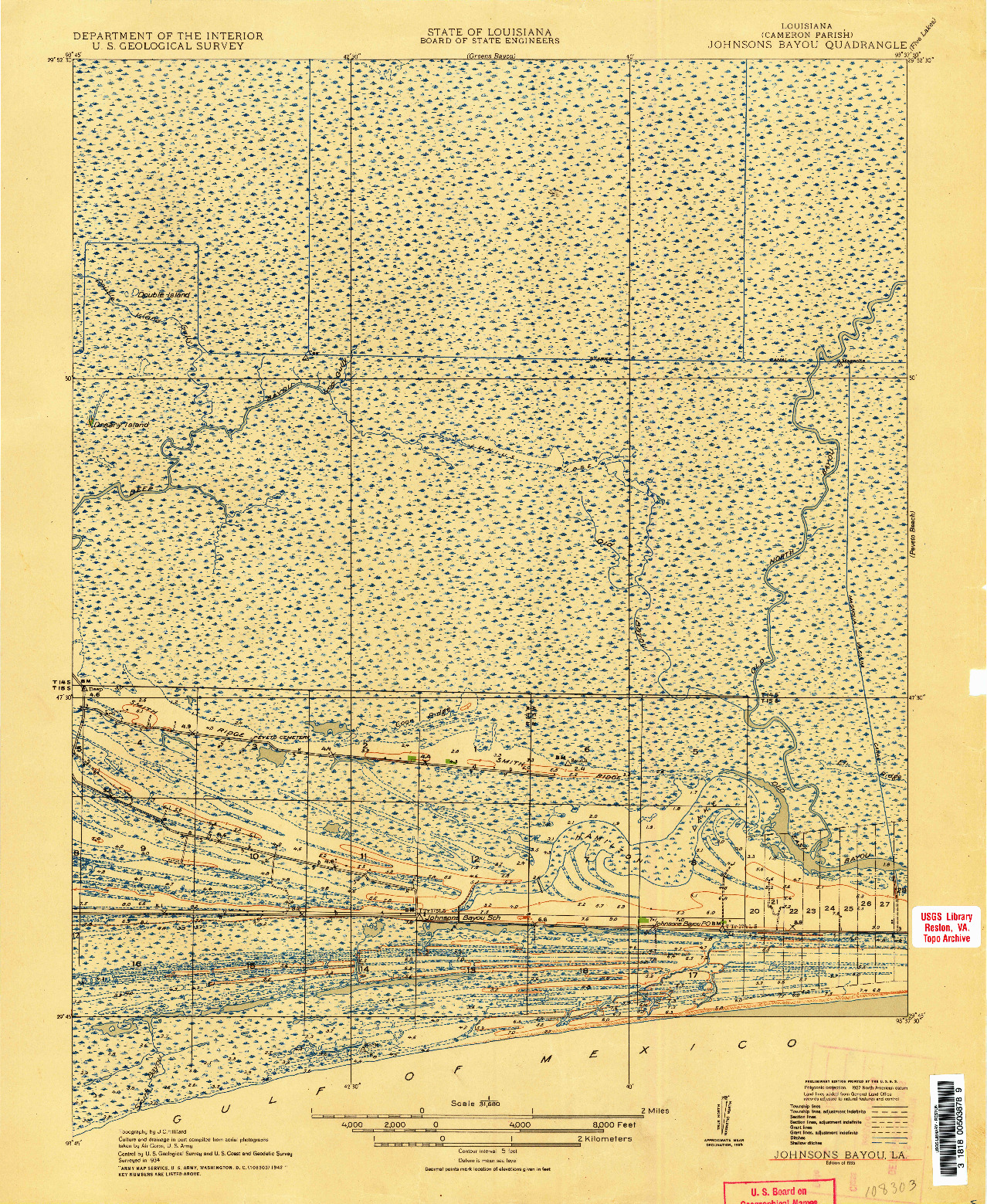 USGS 1:31680-SCALE QUADRANGLE FOR JOHNSONS BAYOU, LA 1935