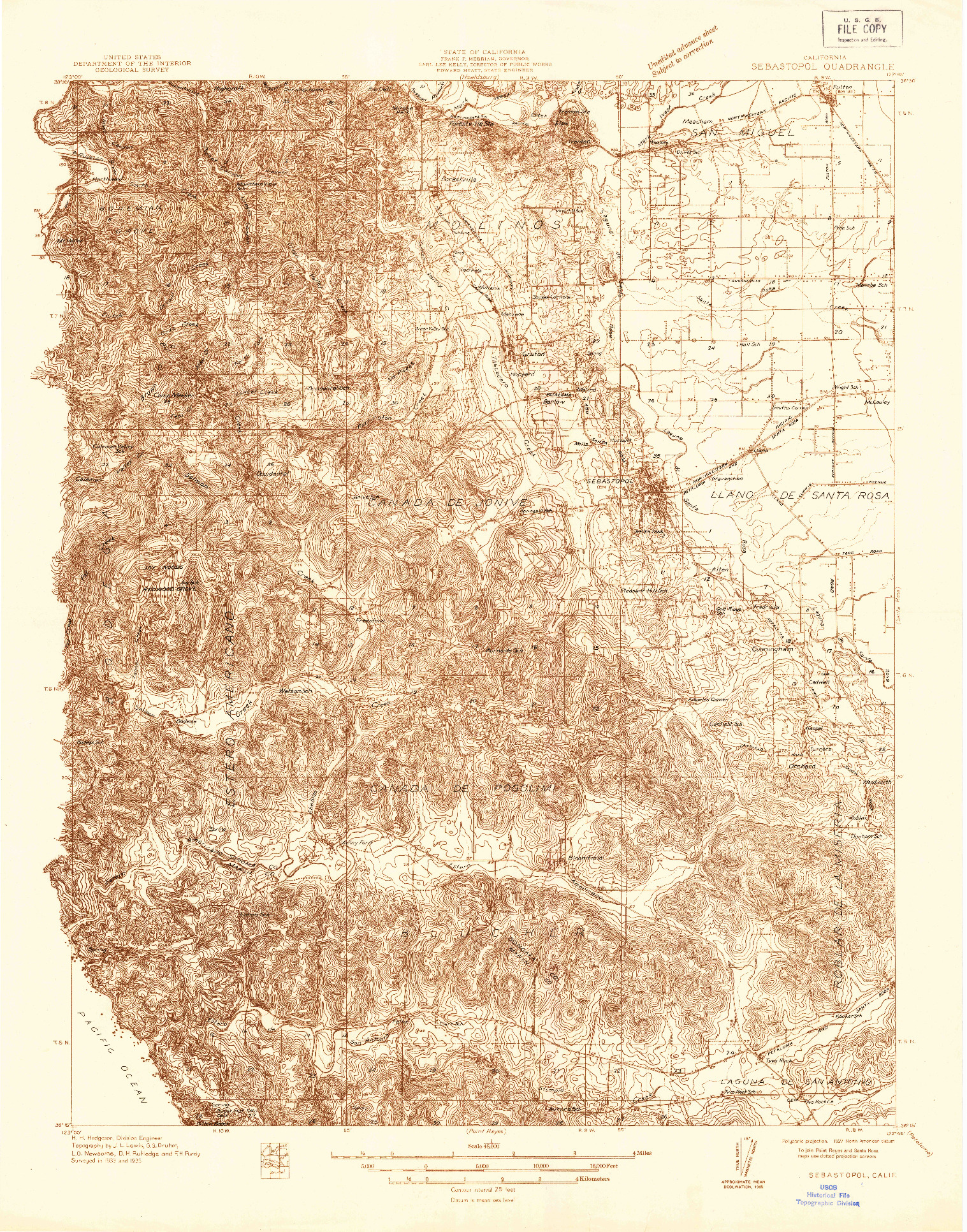 USGS 1:48000-SCALE QUADRANGLE FOR SEBASTOPOL, CA 1935