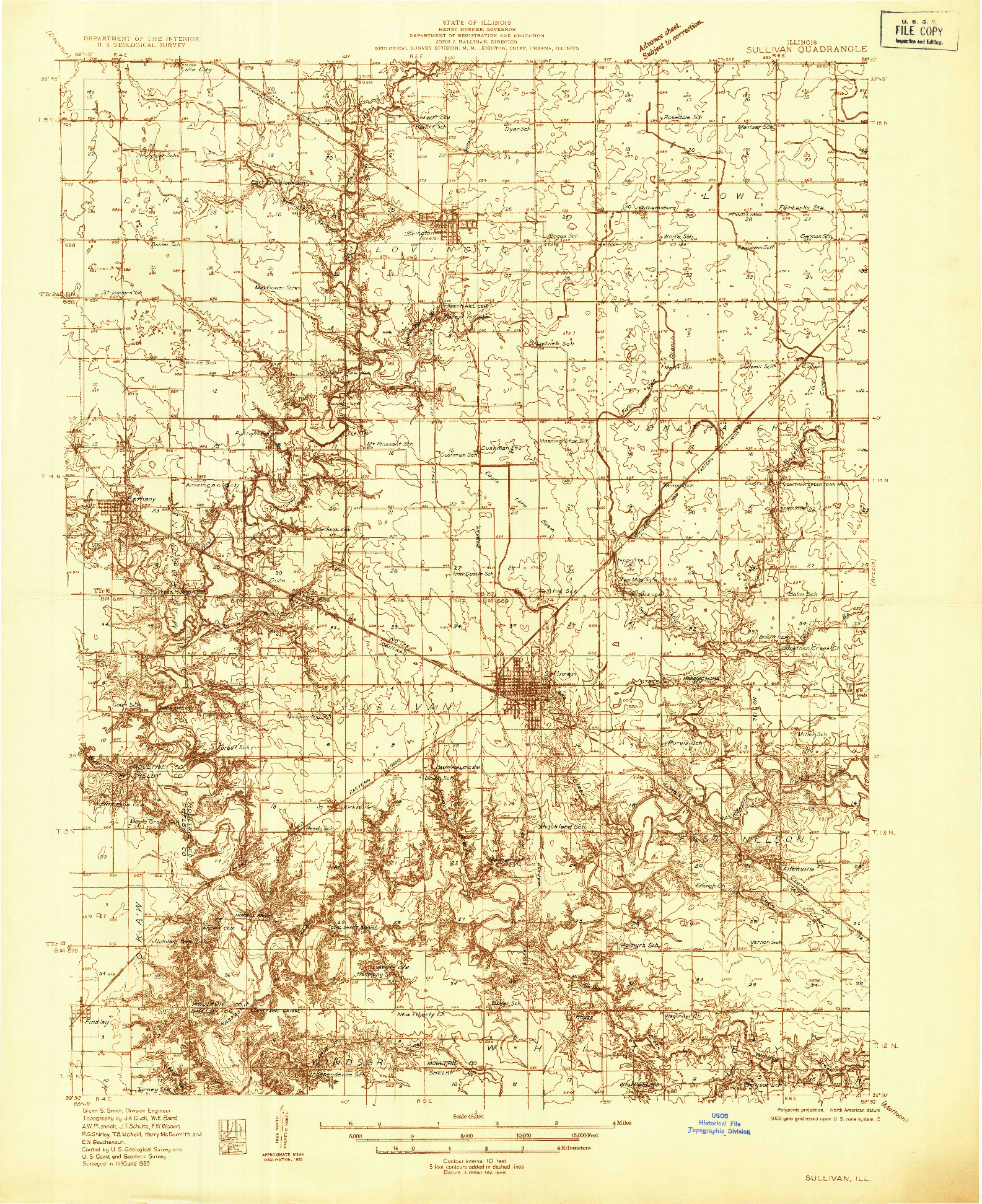 USGS 1:48000-SCALE QUADRANGLE FOR SULLIVAN, IL 1935