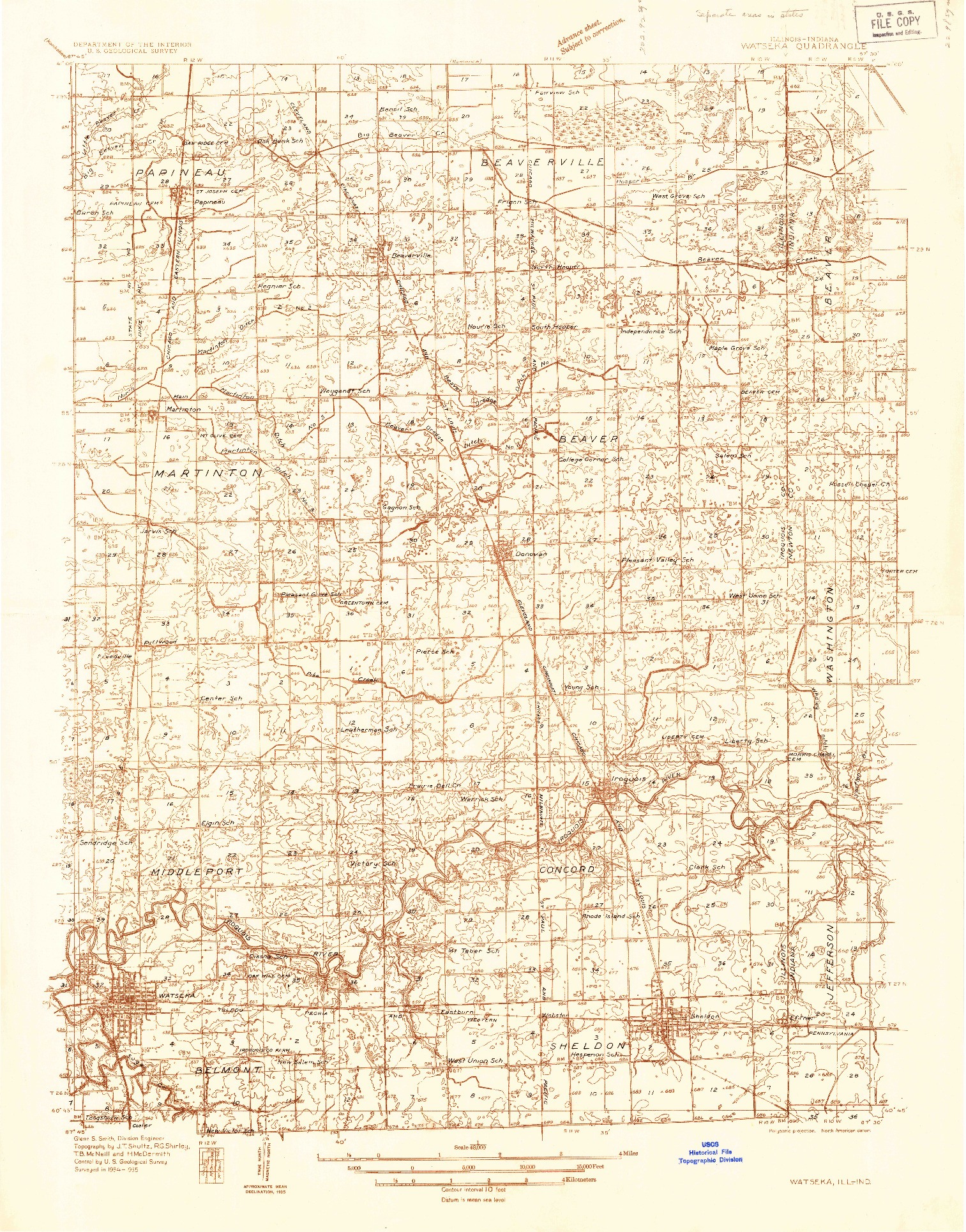USGS 1:48000-SCALE QUADRANGLE FOR WATSEKA, IL 1935
