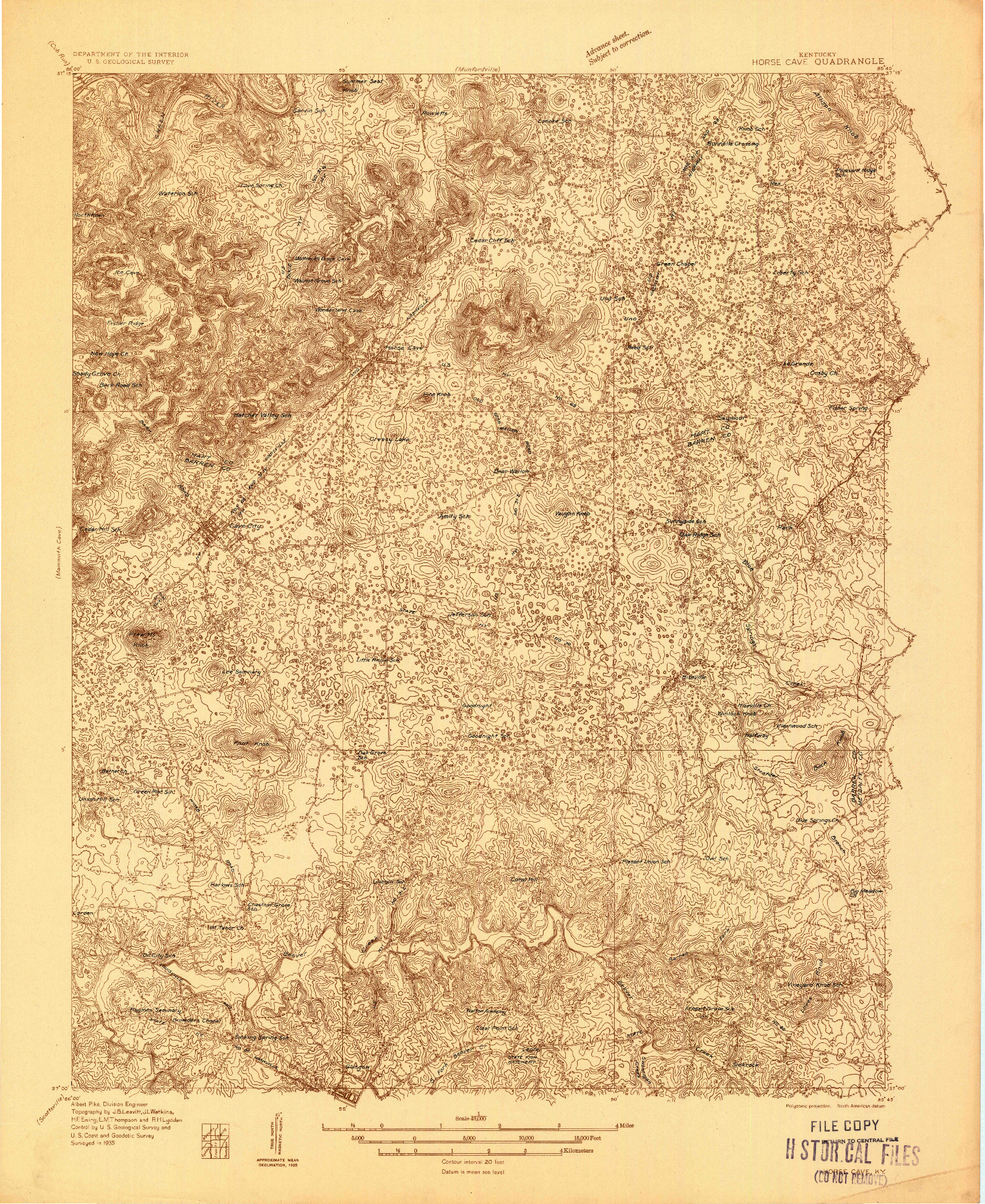 USGS 1:48000-SCALE QUADRANGLE FOR HORSE CAVE, KY 1935