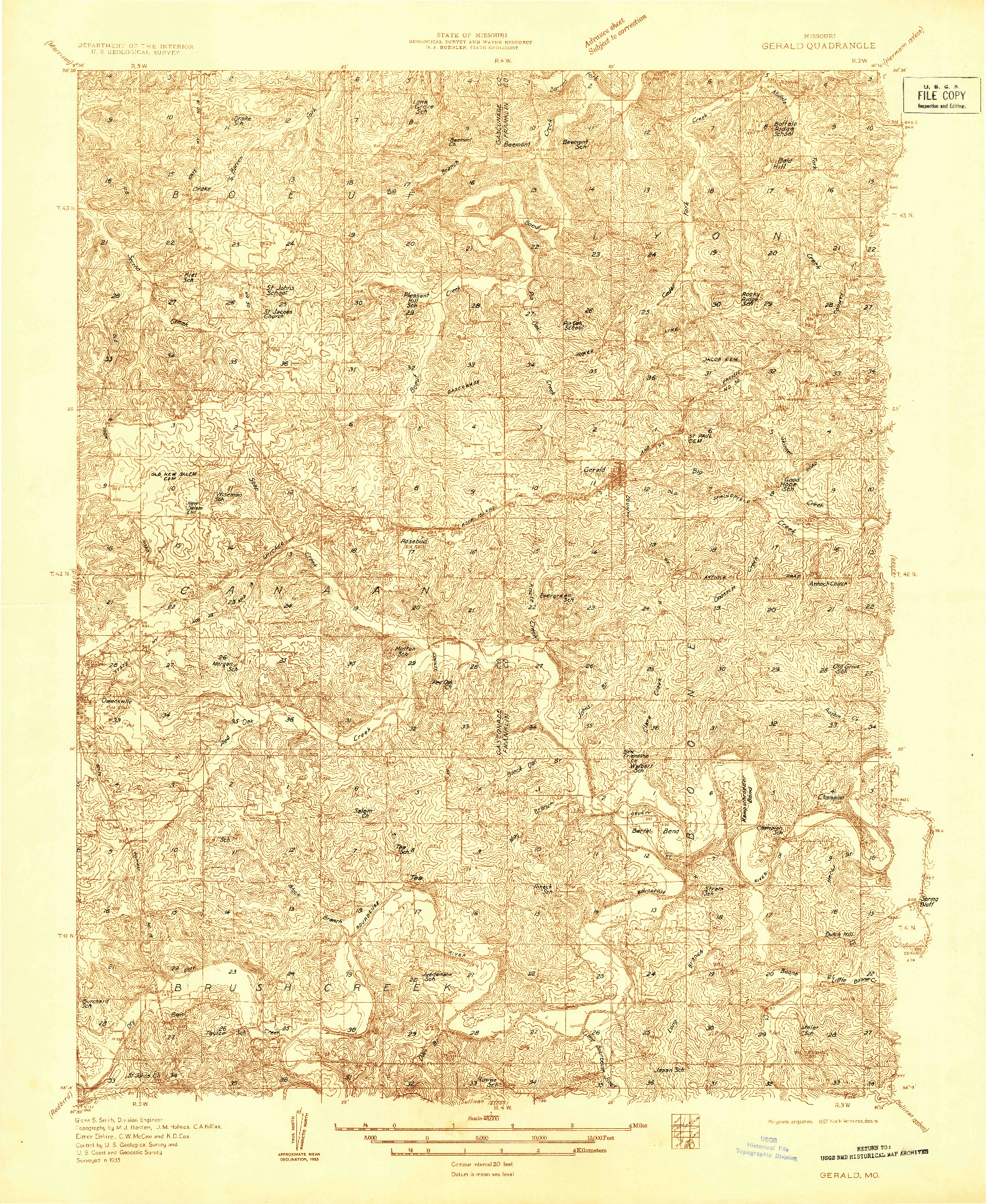 USGS 1:48000-SCALE QUADRANGLE FOR GERALD, MO 1935