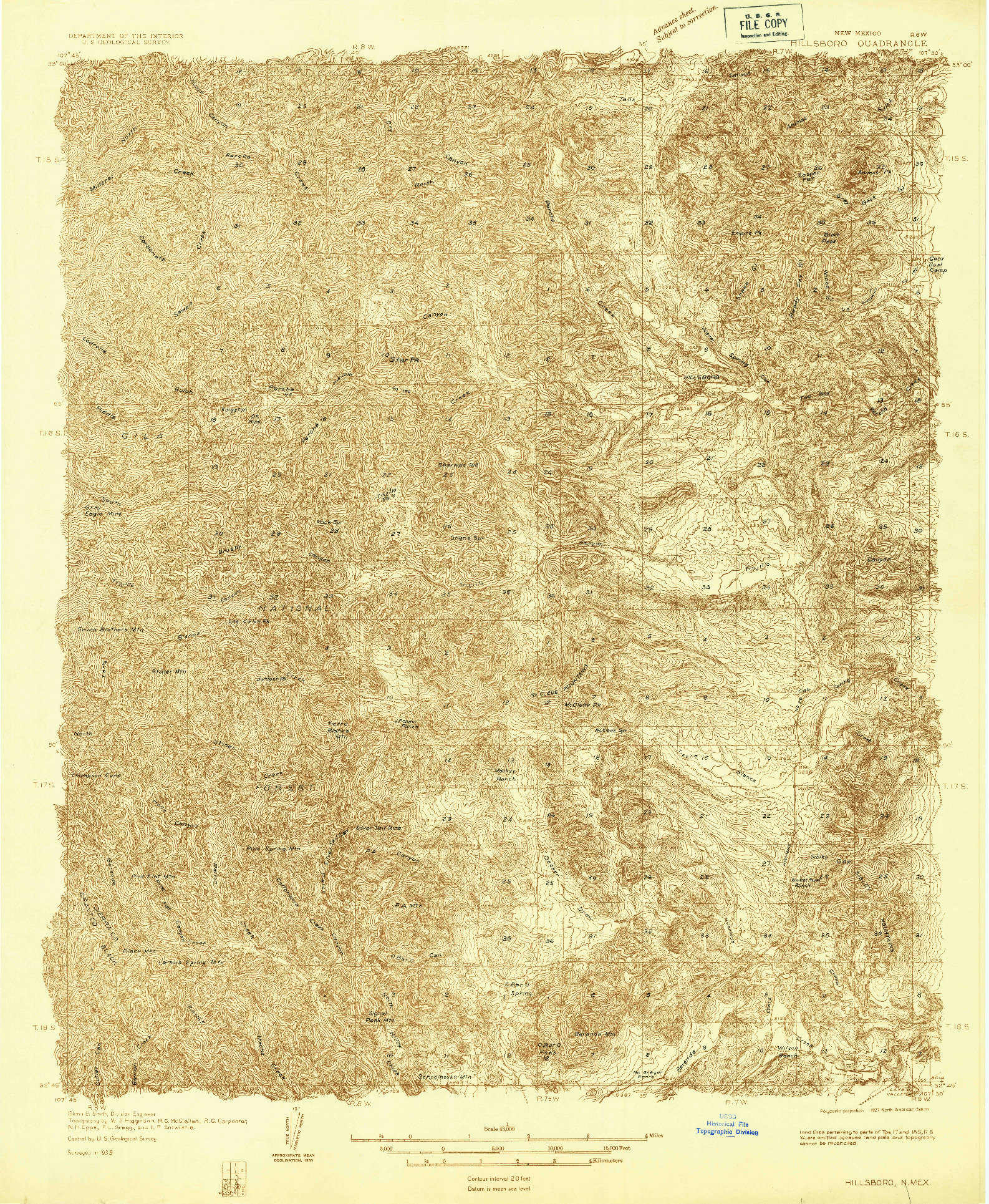 USGS 1:48000-SCALE QUADRANGLE FOR HILLSBORO, NM 1935