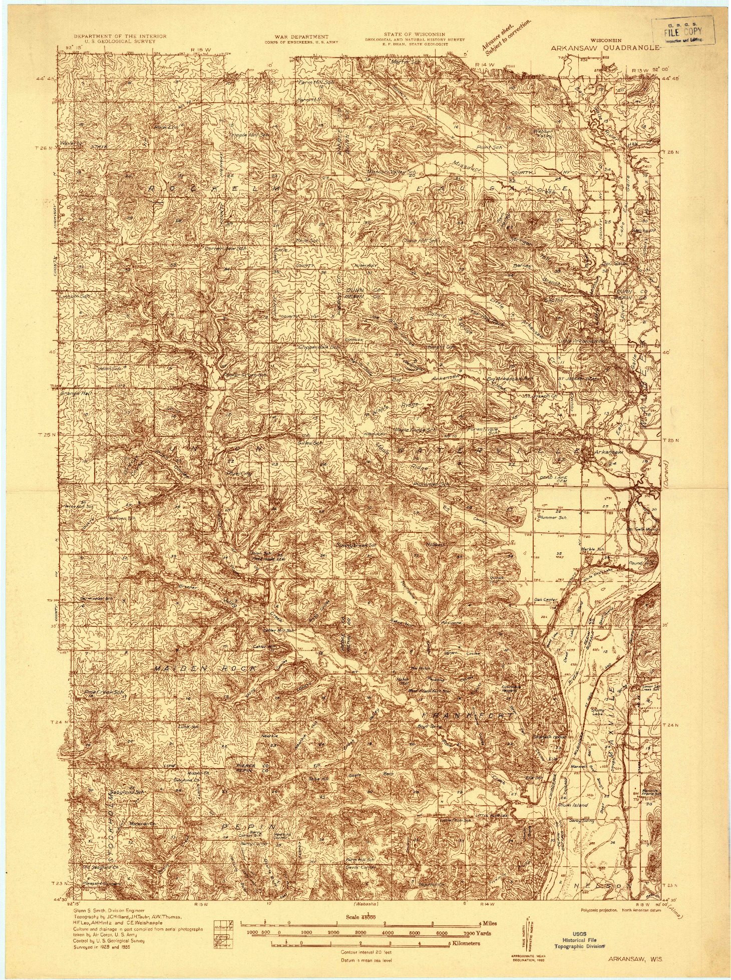 USGS 1:48000-SCALE QUADRANGLE FOR ARKANSAW, WI 1935