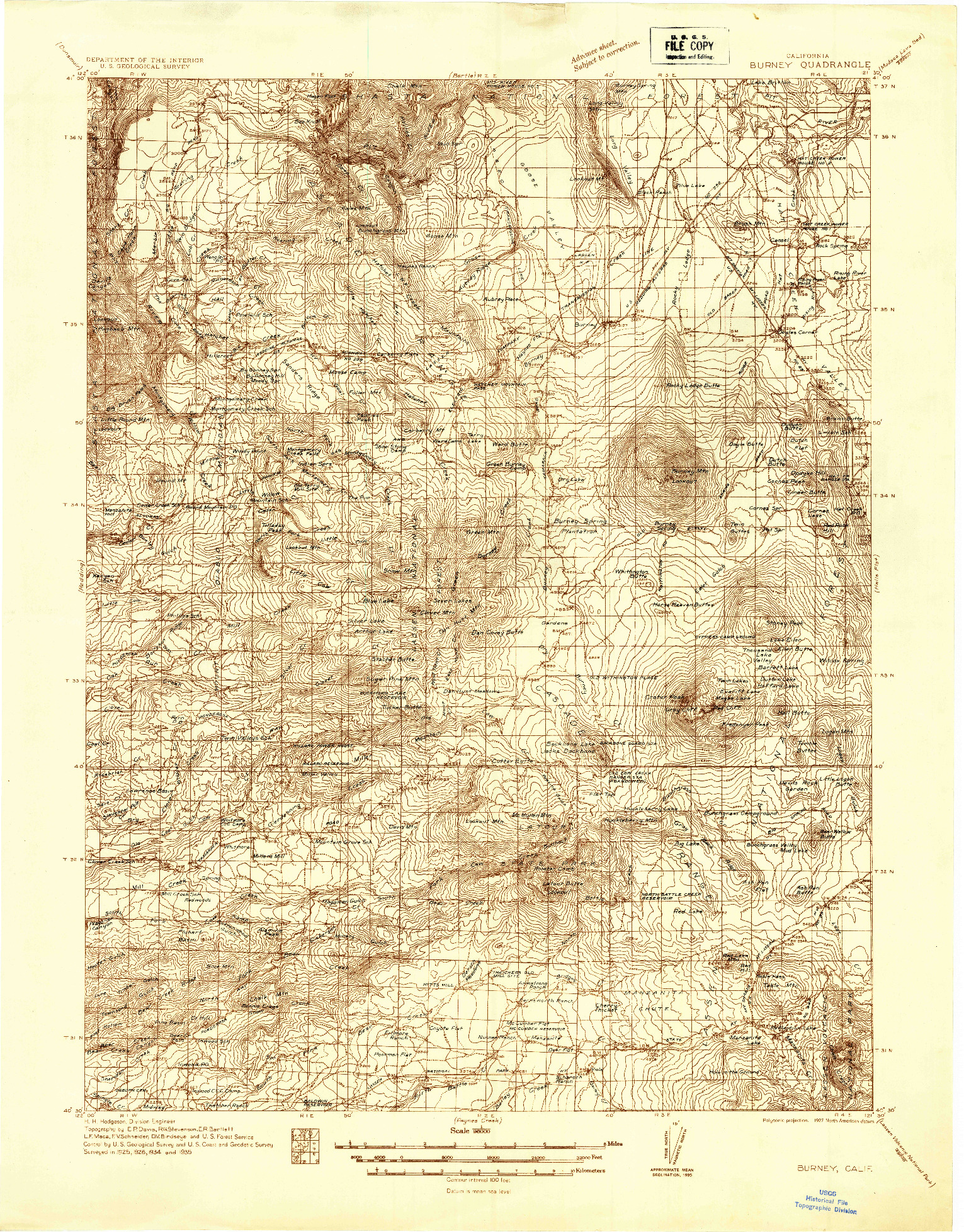 USGS 1:96000-SCALE QUADRANGLE FOR BURNEY, CA 1935