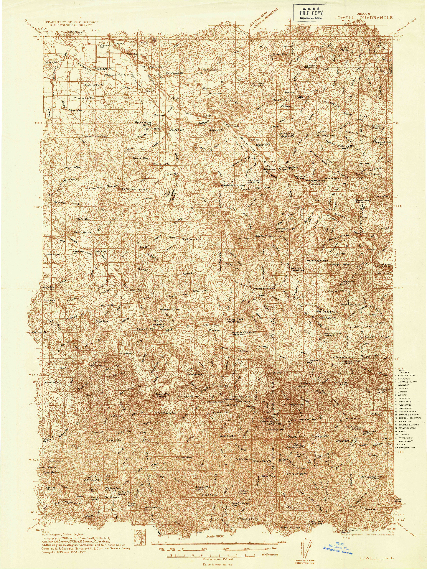 USGS 1:96000-SCALE QUADRANGLE FOR LOWELL, OR 1935