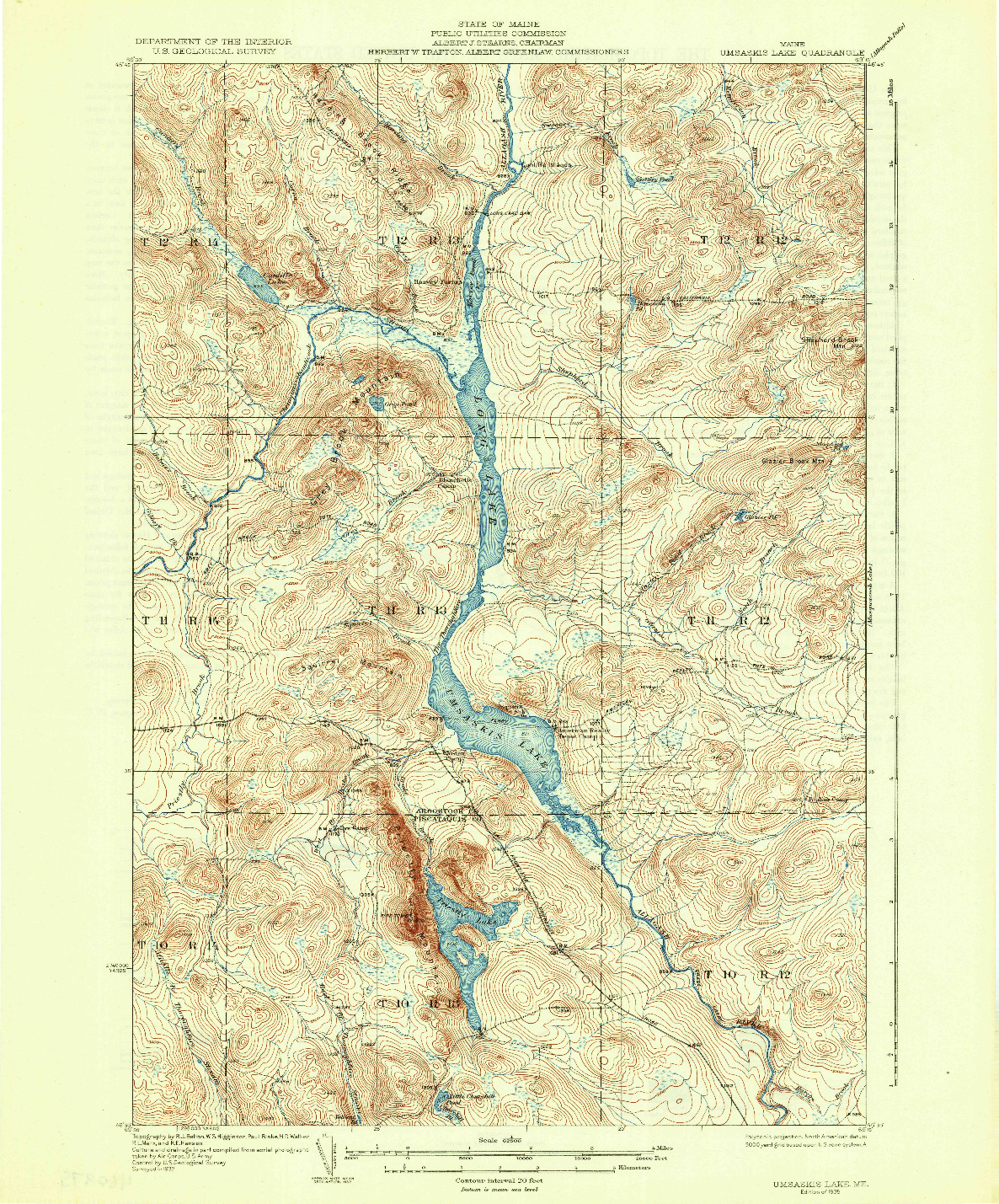 USGS 1:62500-SCALE QUADRANGLE FOR UMSASKIS LAKE, ME 1935