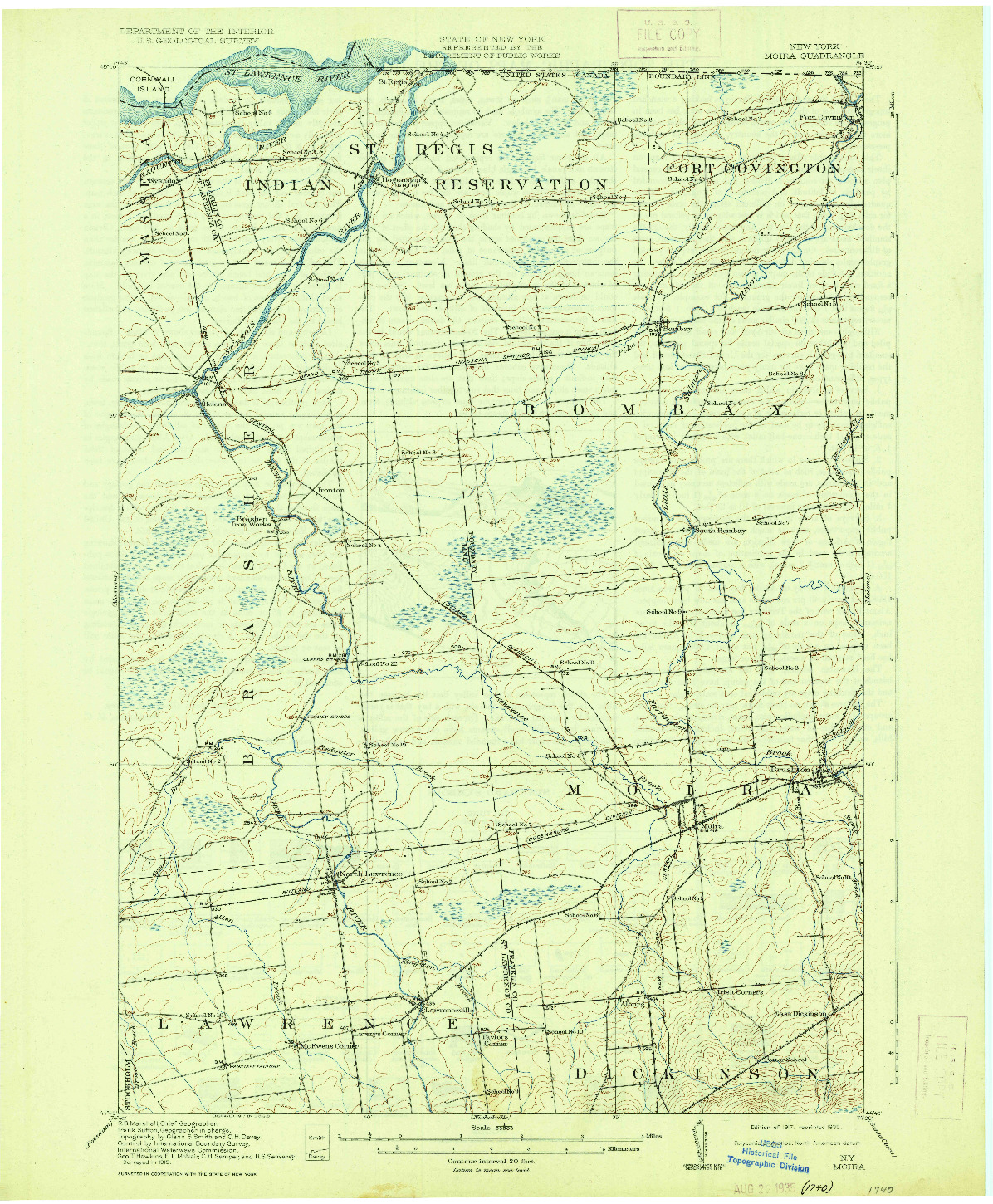 USGS 1:62500-SCALE QUADRANGLE FOR MOIRA, NY 1917