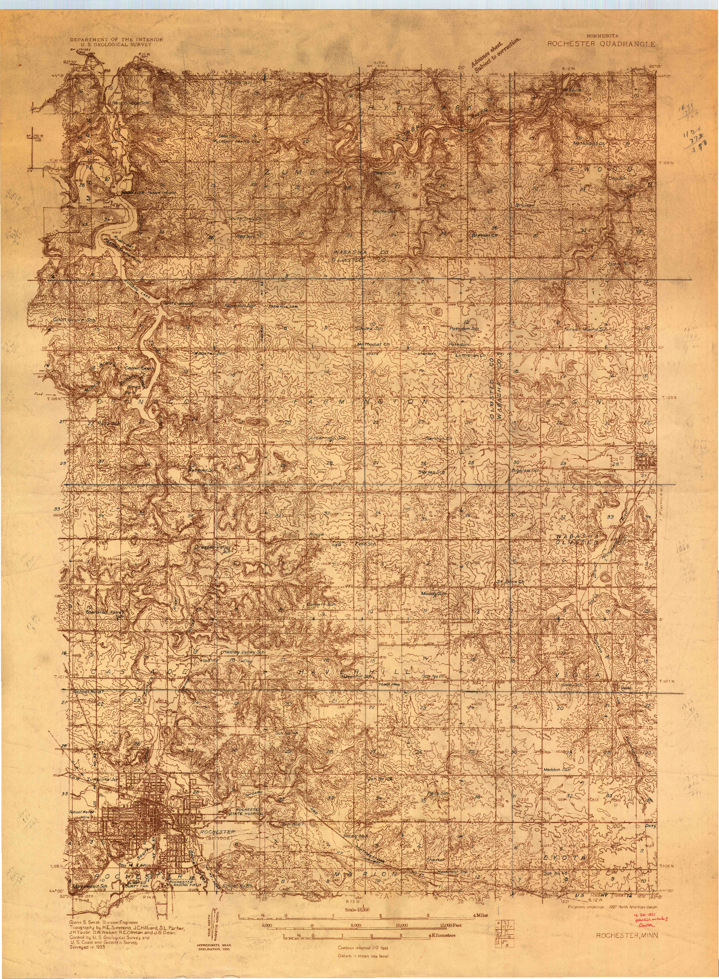 USGS 1:48000-SCALE QUADRANGLE FOR ROCHESTER, MN 1935