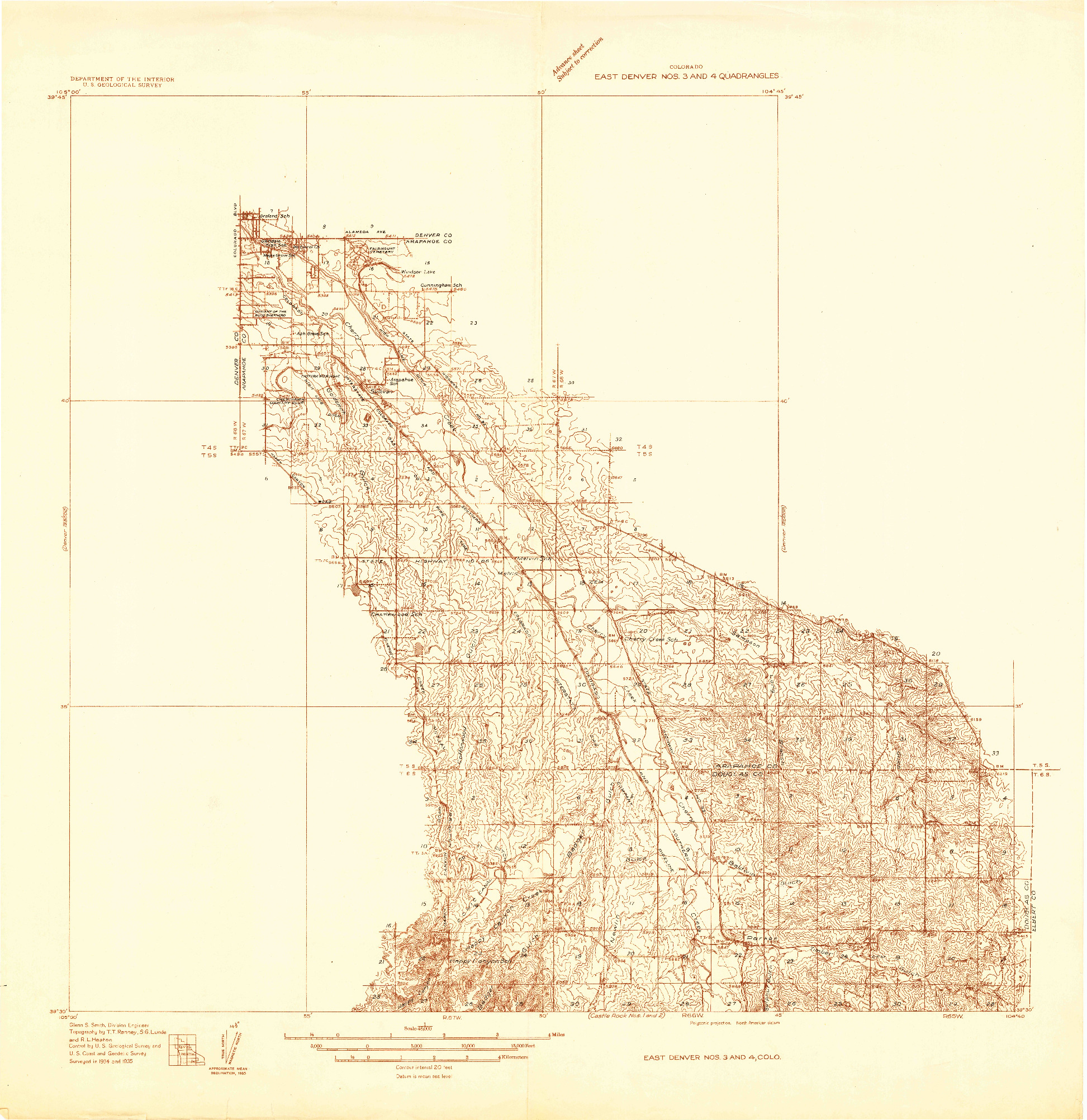USGS 1:48000-SCALE QUADRANGLE FOR EAST DENVER NOS. 3 AND 4, CO 1935
