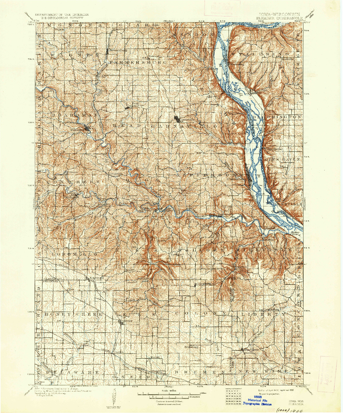 USGS 1:125000-SCALE QUADRANGLE FOR ELKADER, IA 1902