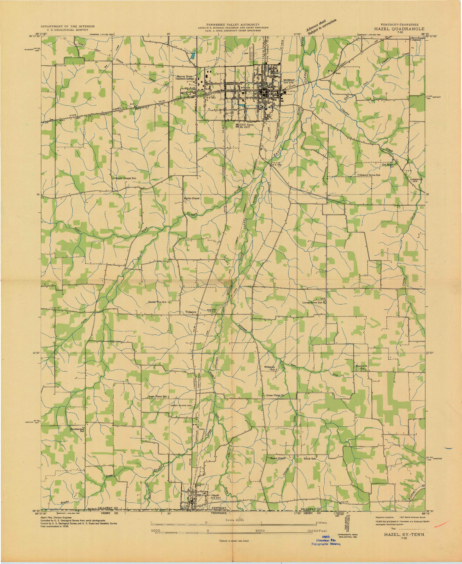 USGS 1:24000-SCALE QUADRANGLE FOR HAZEL, KY 1936
