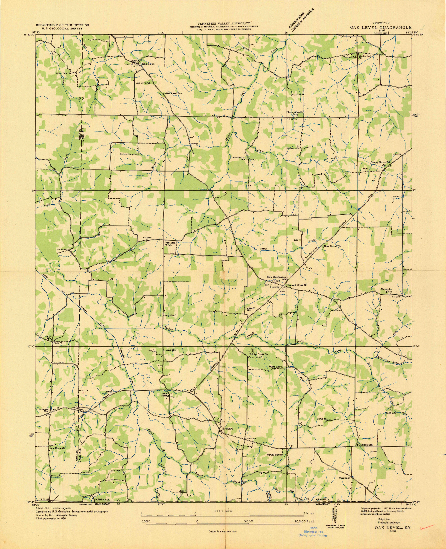 USGS 1:24000-SCALE QUADRANGLE FOR OAK LEVEL, KY 1936
