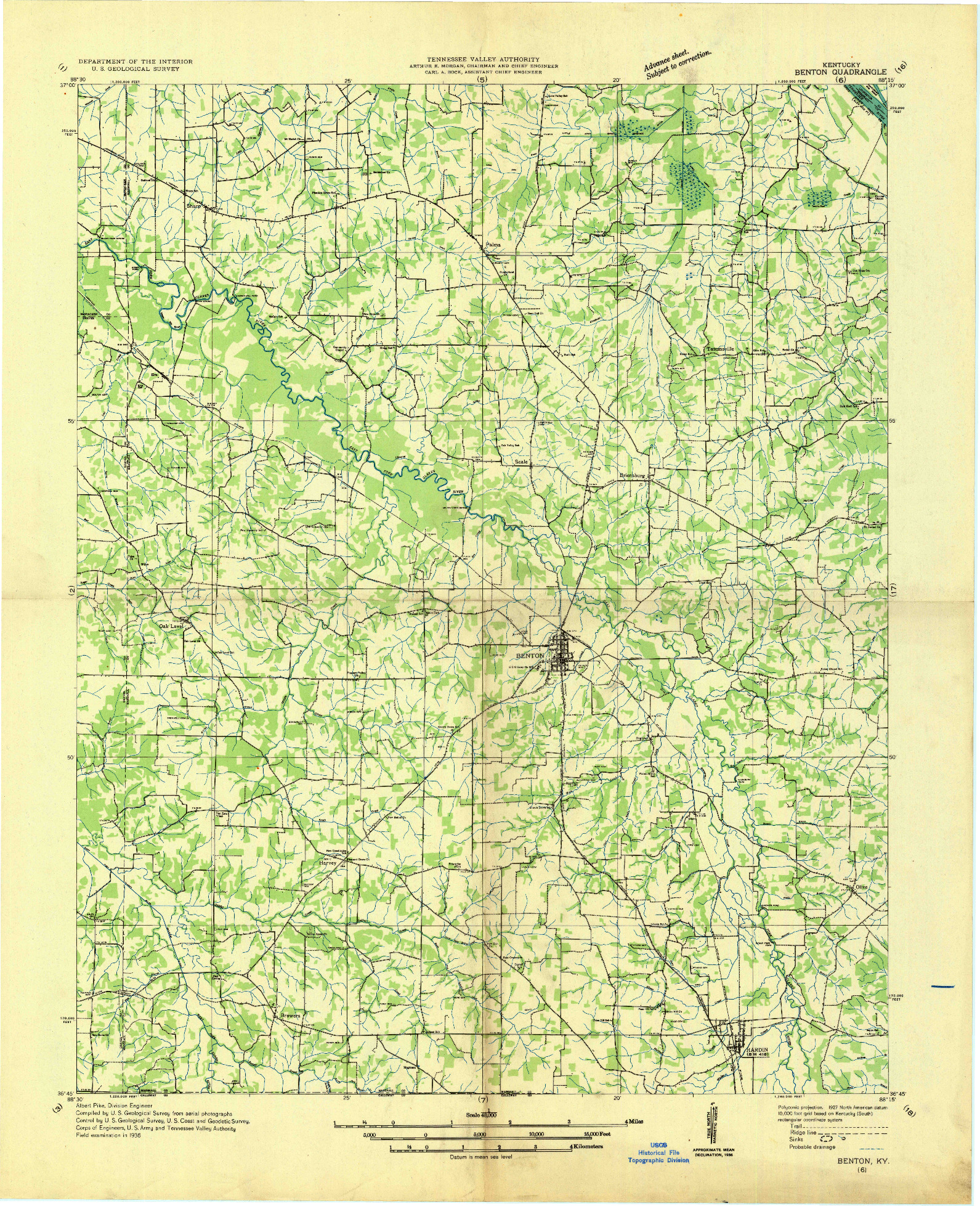 USGS 1:48000-SCALE QUADRANGLE FOR BENTON, KY 1936