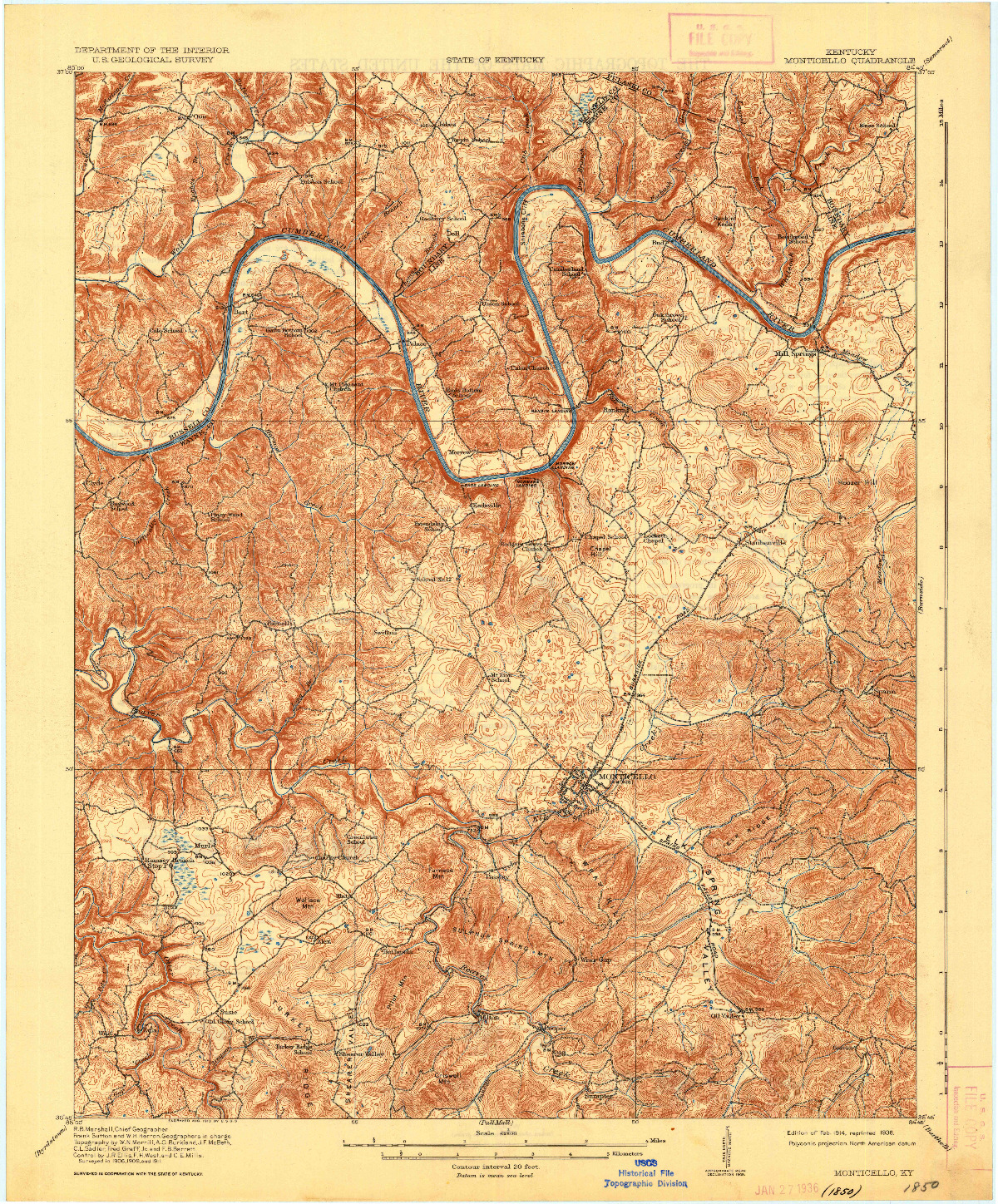 USGS 1:62500-SCALE QUADRANGLE FOR MONTICELLO, KY 1914