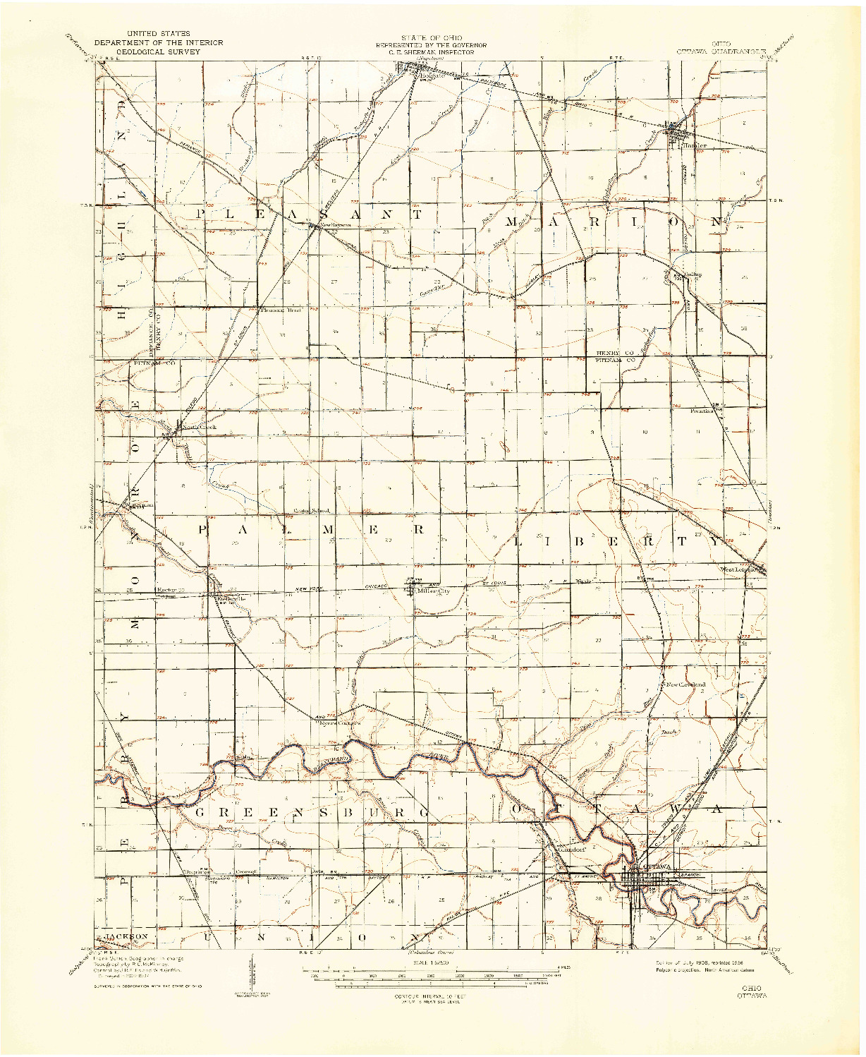 USGS 1:62500-SCALE QUADRANGLE FOR OTTAWA, OH 1908