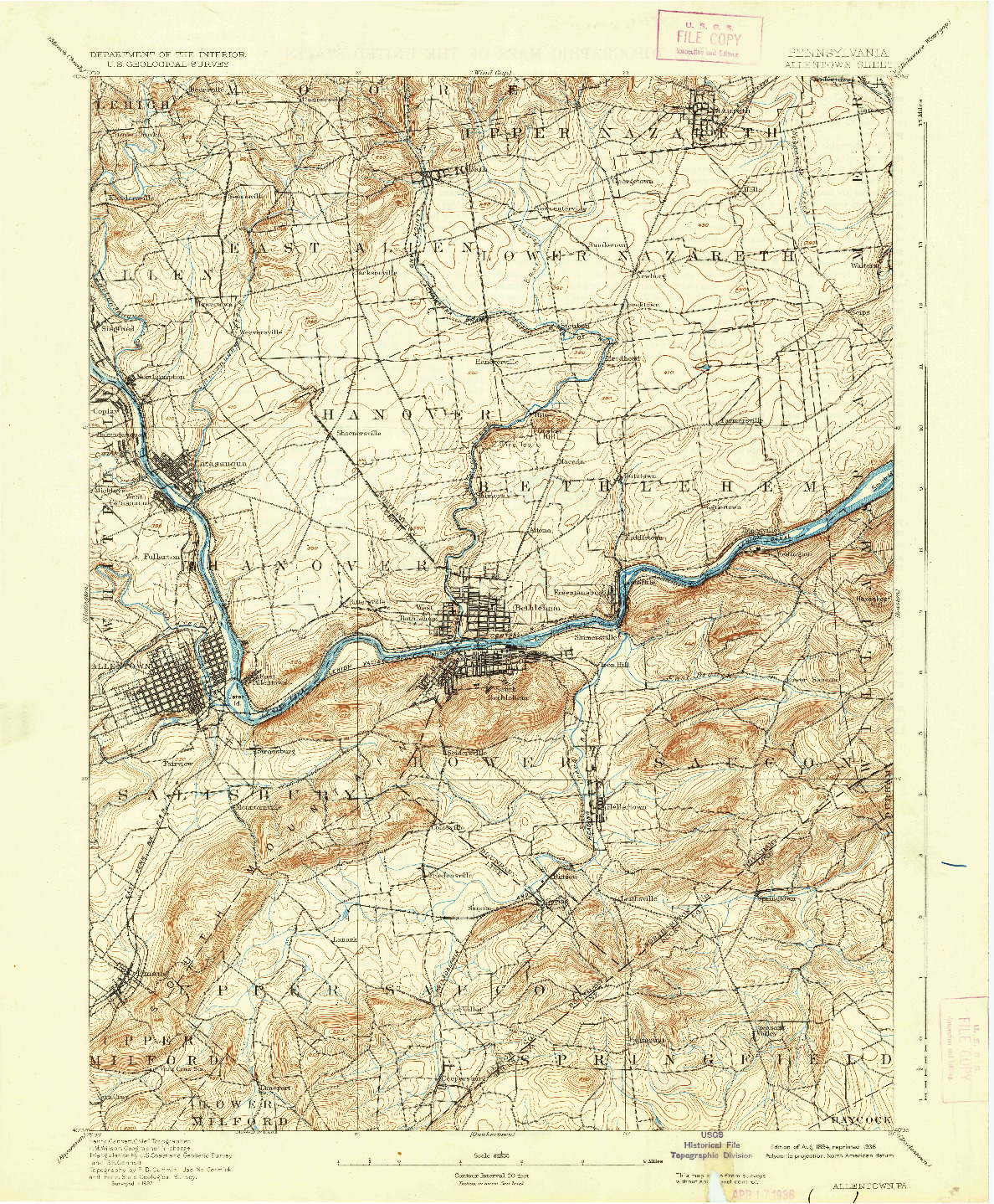 USGS 1:62500-SCALE QUADRANGLE FOR ALLENTOWN, PA 1894