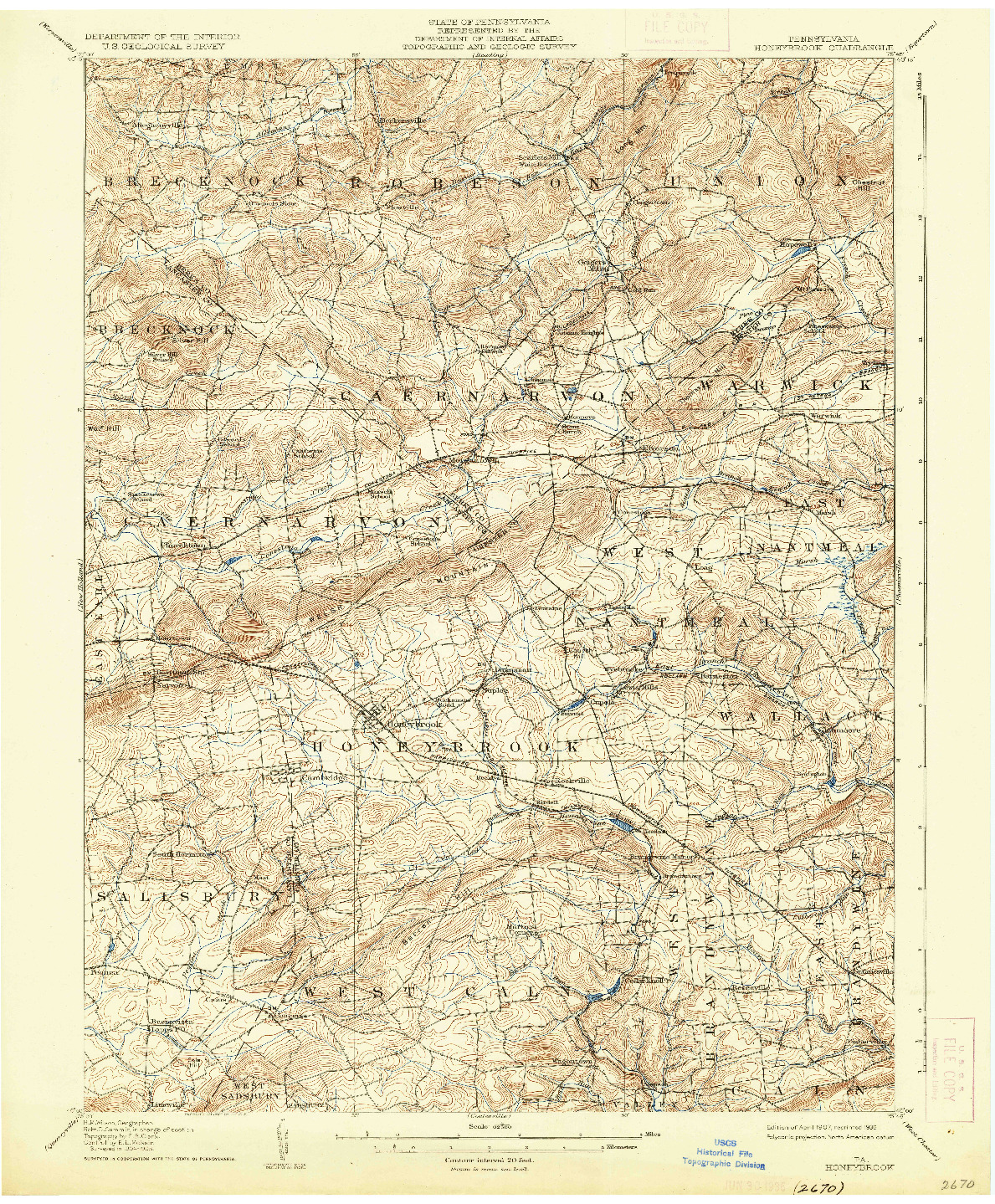 USGS 1:62500-SCALE QUADRANGLE FOR HONEYBROOK, PA 1907