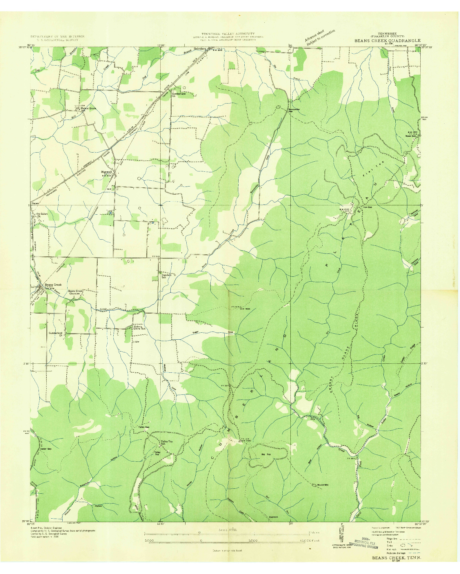 USGS 1:24000-SCALE QUADRANGLE FOR BEANS CREEK, TN 1936