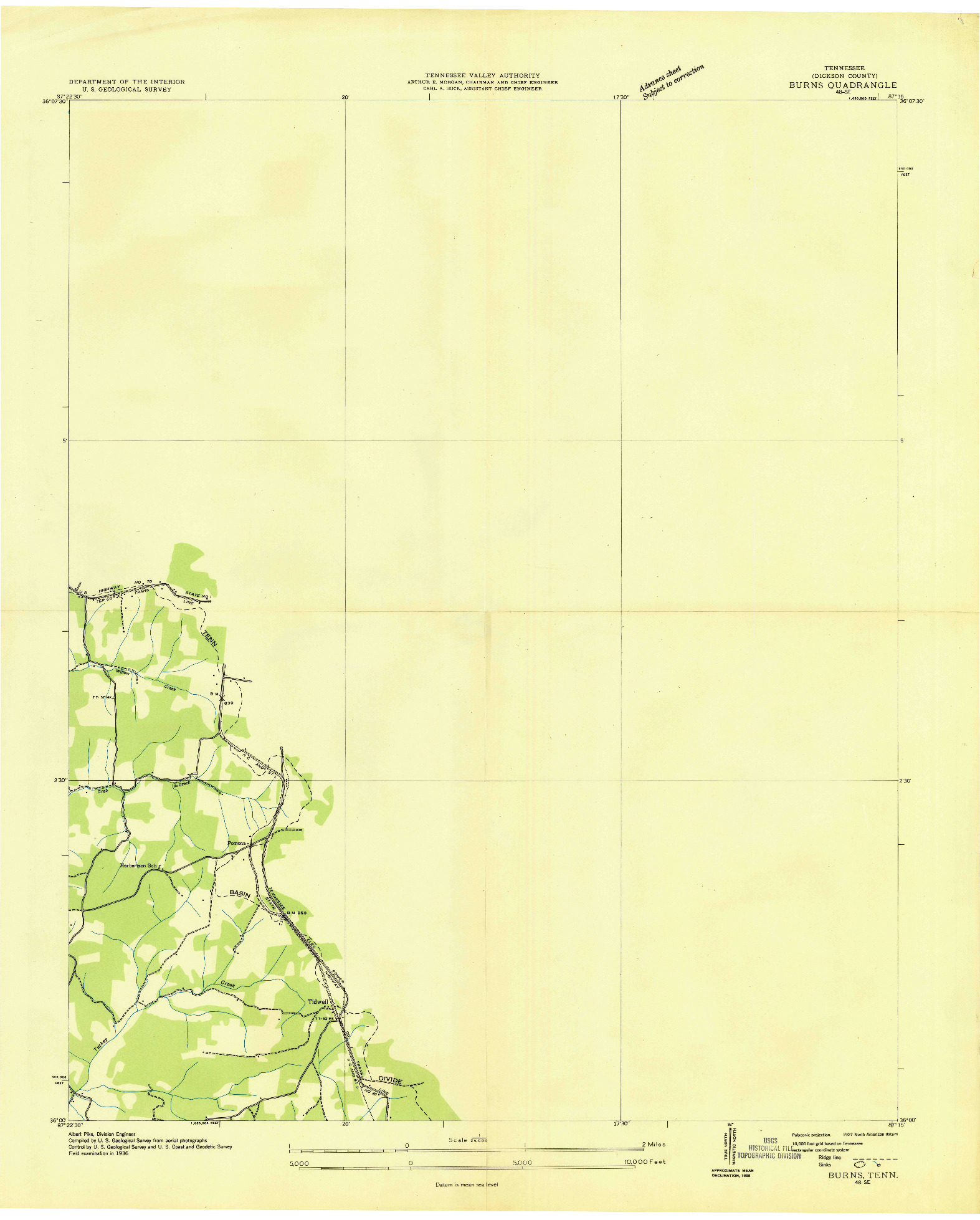 USGS 1:24000-SCALE QUADRANGLE FOR BURNS, TN 1936