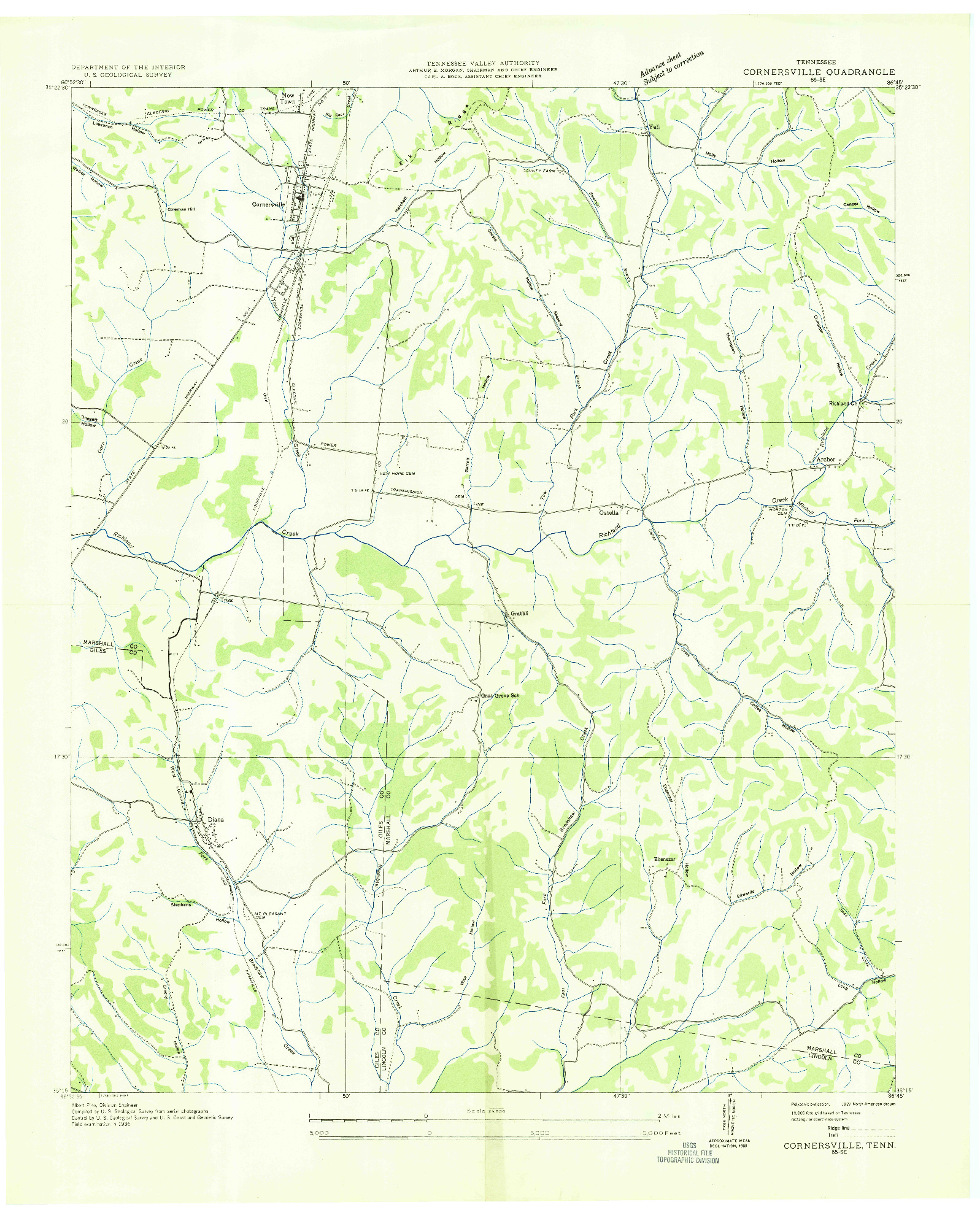 USGS 1:24000-SCALE QUADRANGLE FOR CORNERSVILLE, TN 1936