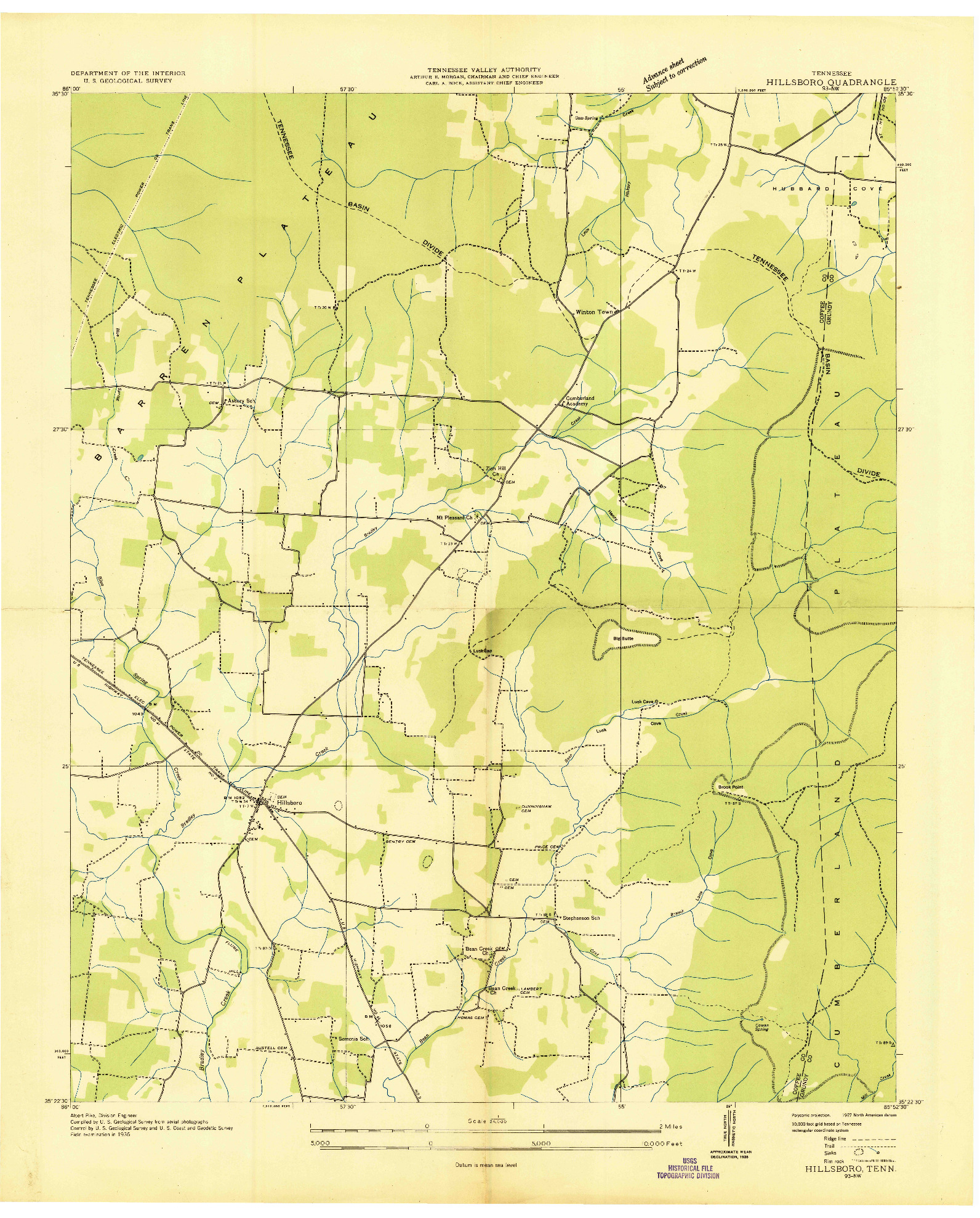 USGS 1:24000-SCALE QUADRANGLE FOR HILLSBORO, TN 1936