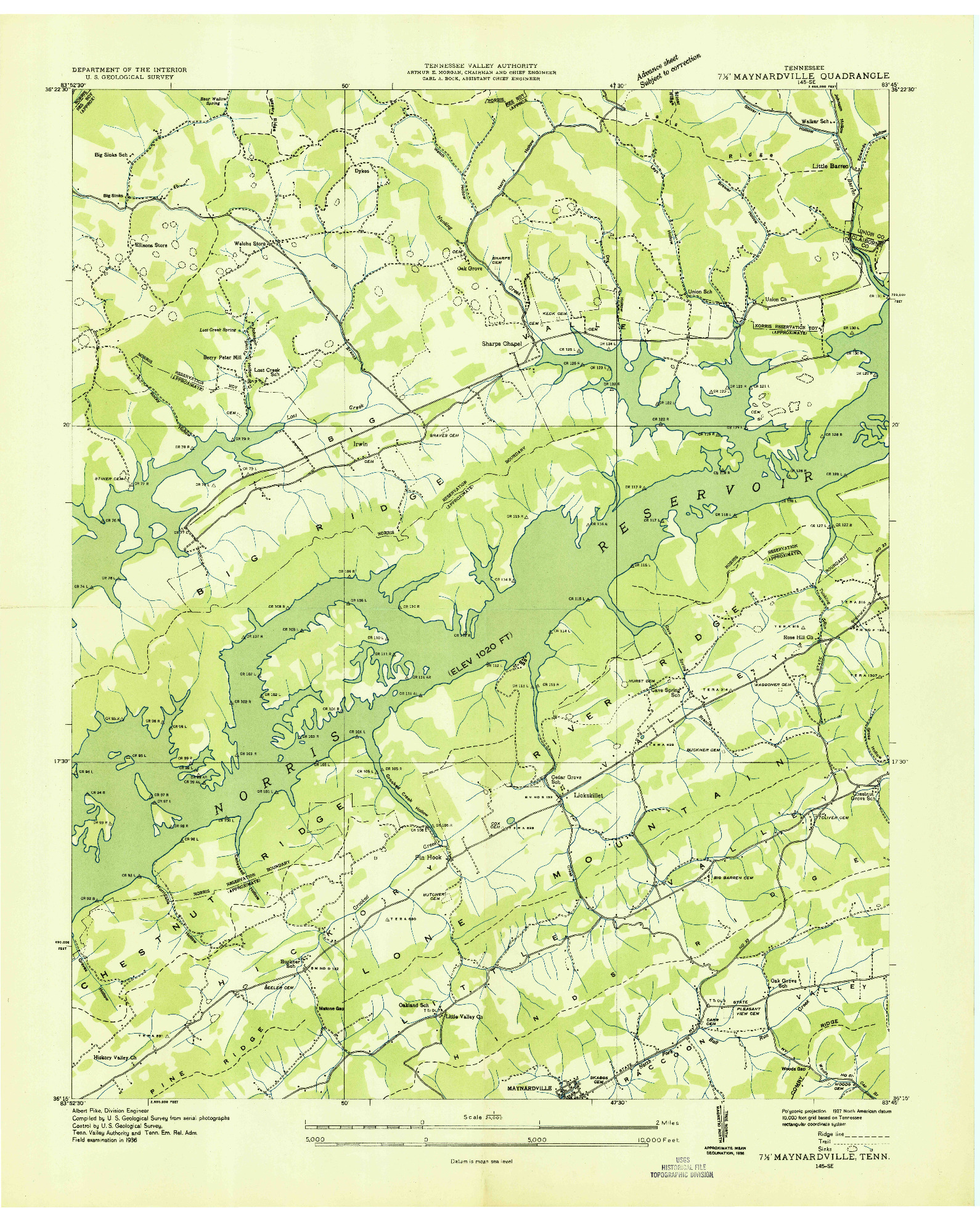 USGS 1:24000-SCALE QUADRANGLE FOR MAYNARDVILLE, TN 1936