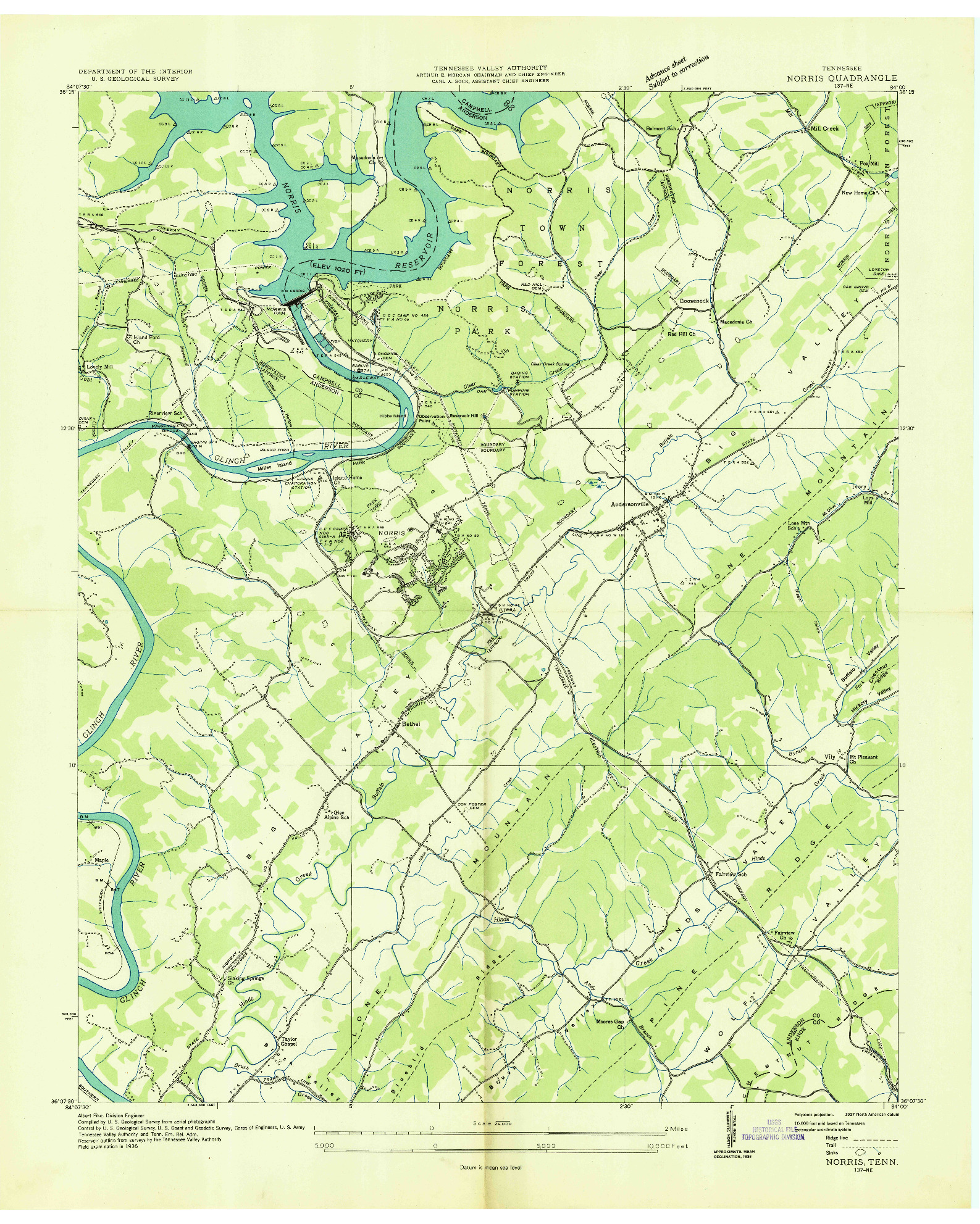 USGS 1:24000-SCALE QUADRANGLE FOR NORRIS, TN 1936