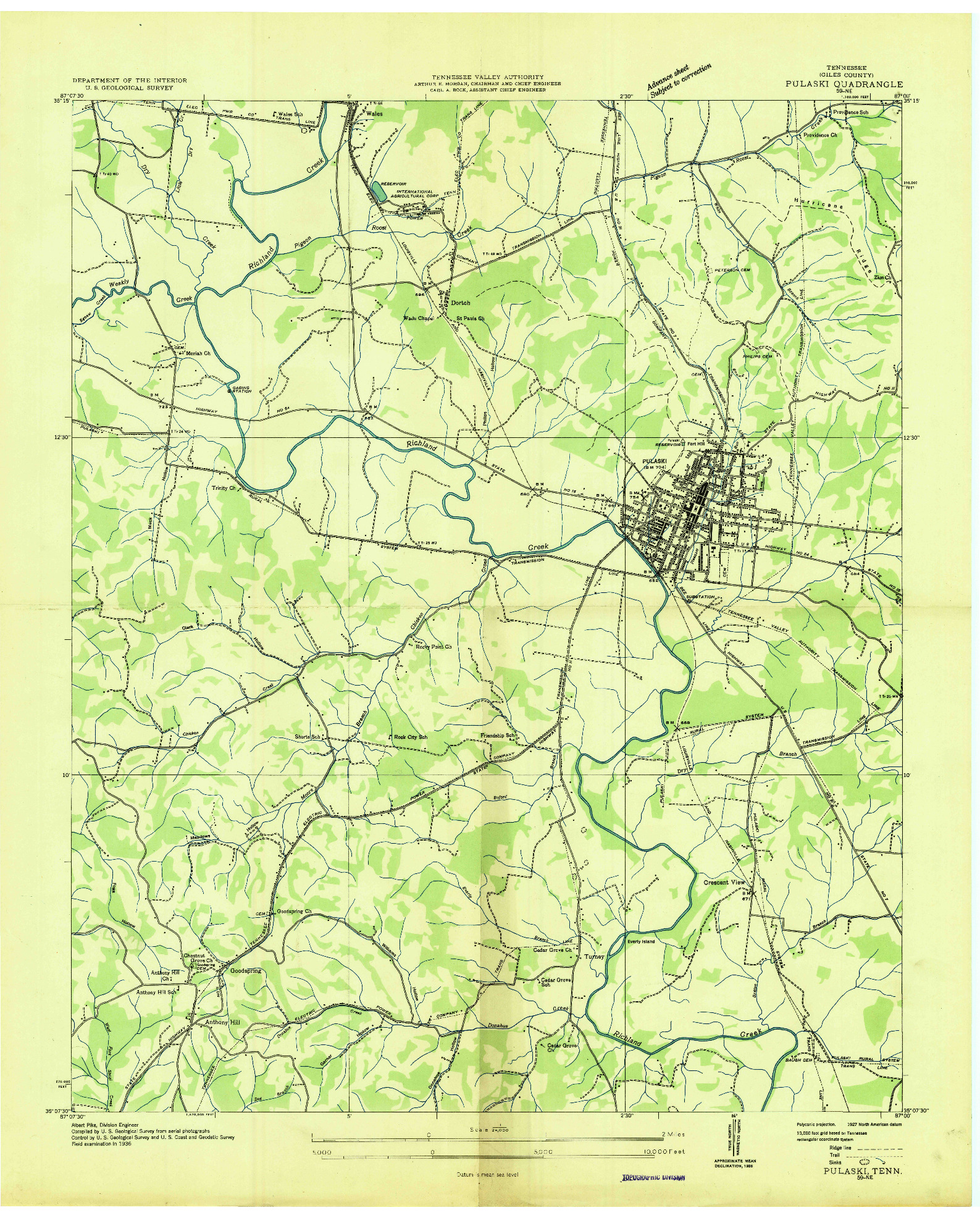 USGS 1:24000-SCALE QUADRANGLE FOR PULASKI, TN 1936