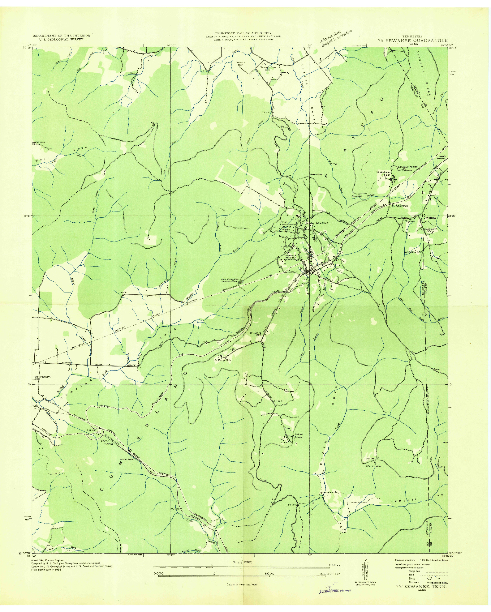 USGS 1:24000-SCALE QUADRANGLE FOR SEWANEE, TN 1936