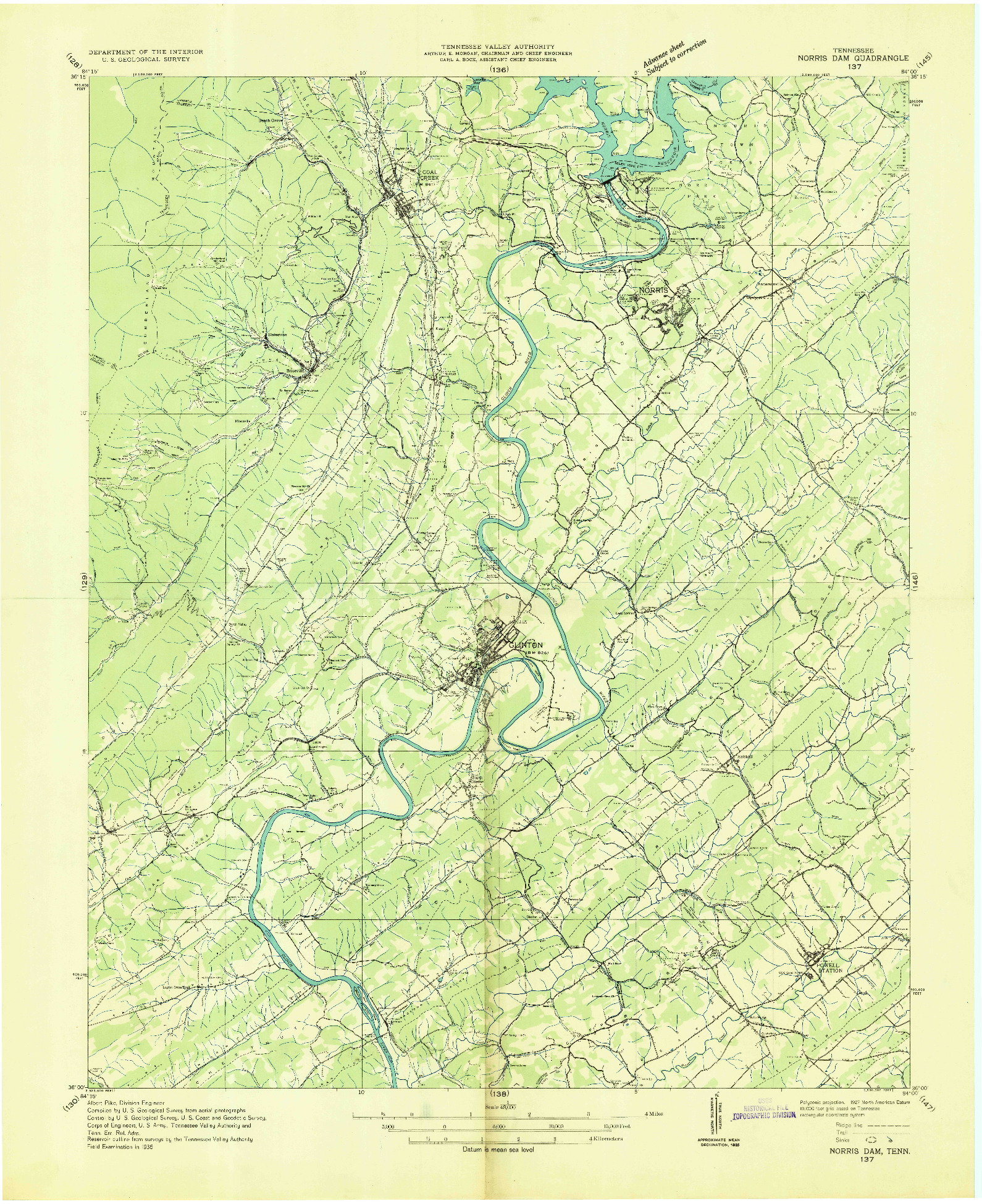USGS 1:48000-SCALE QUADRANGLE FOR NORRIS DAM, TN 1936