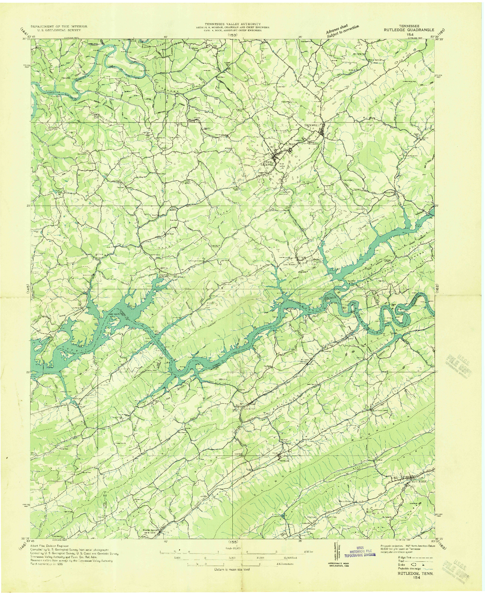 USGS 1:48000-SCALE QUADRANGLE FOR RUTLEDGE, TN 1936