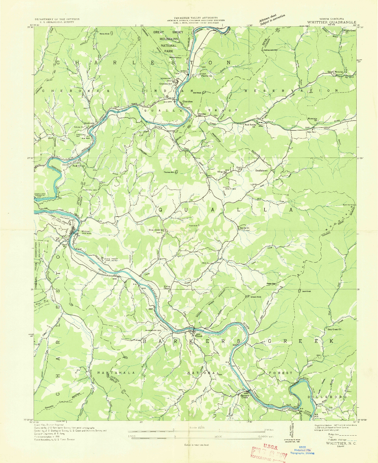 USGS 1:24000-SCALE QUADRANGLE FOR WHITTIER, NC 1936