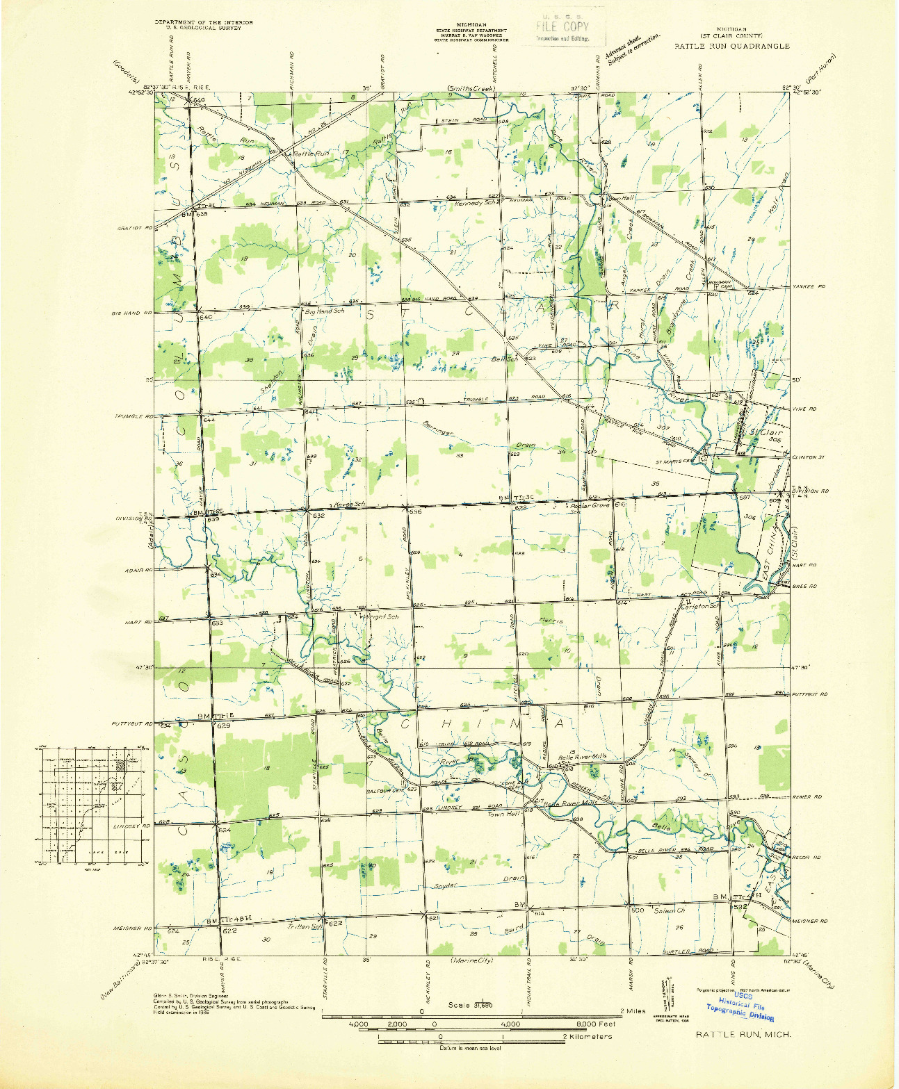 USGS 1:31680-SCALE QUADRANGLE FOR RATTLE RUN, MI 1936