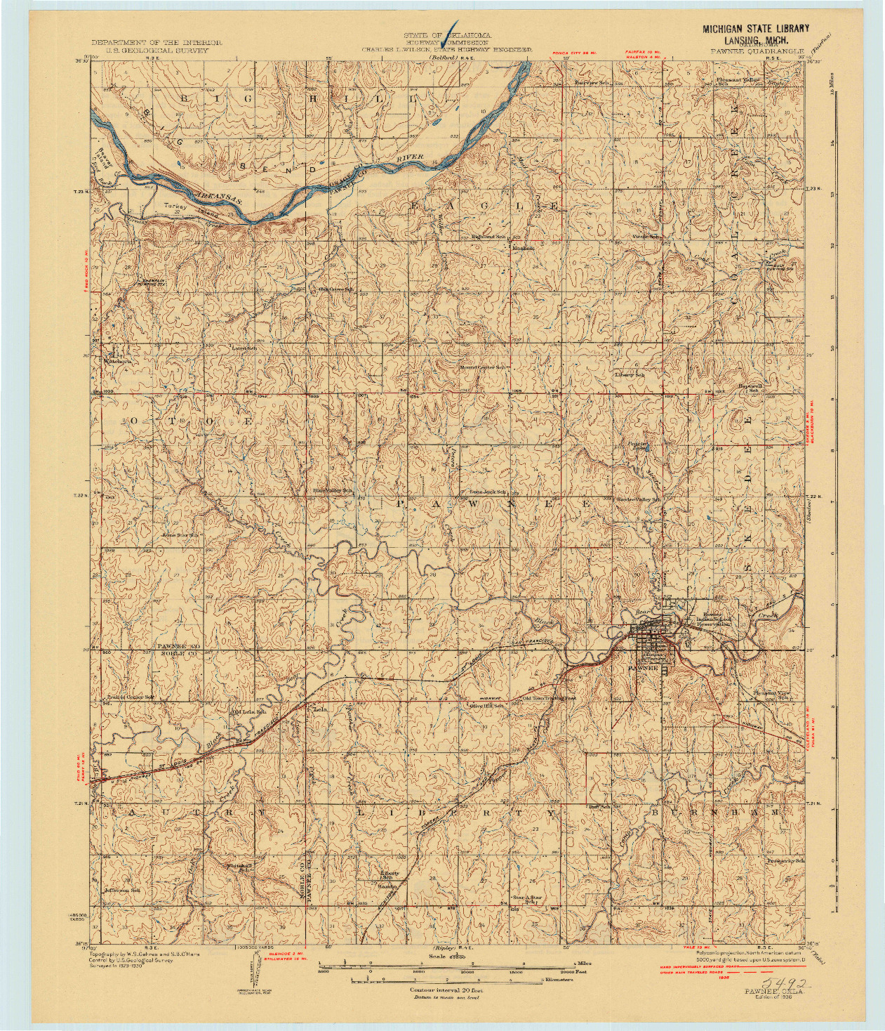 USGS 1:62500-SCALE QUADRANGLE FOR PAWNEE, OK 1936
