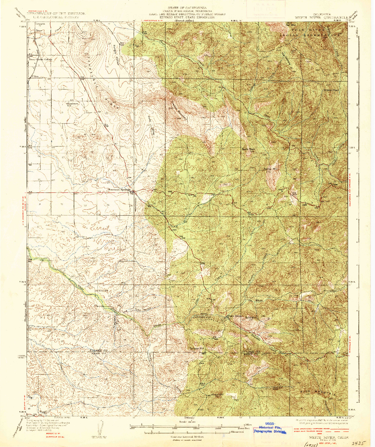 USGS 1:62500-SCALE QUADRANGLE FOR WHITE RIVER, CA 1936