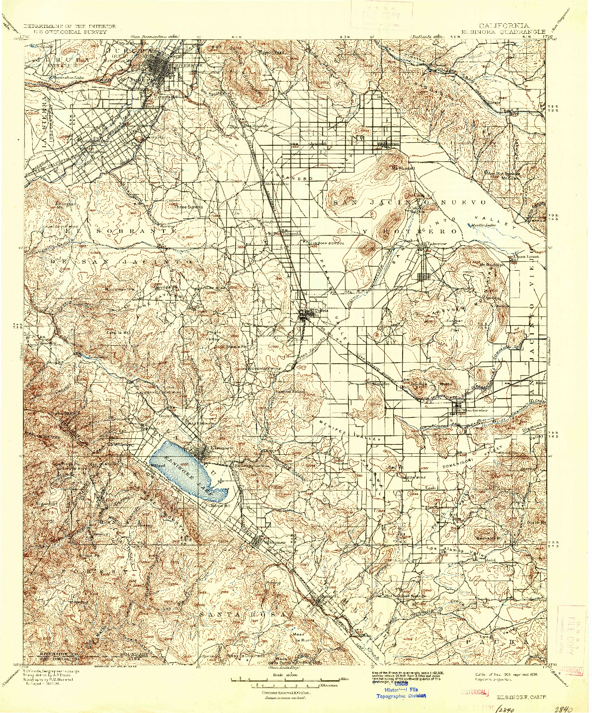 USGS 1:125000-SCALE QUADRANGLE FOR ELSINORE, CA 1901