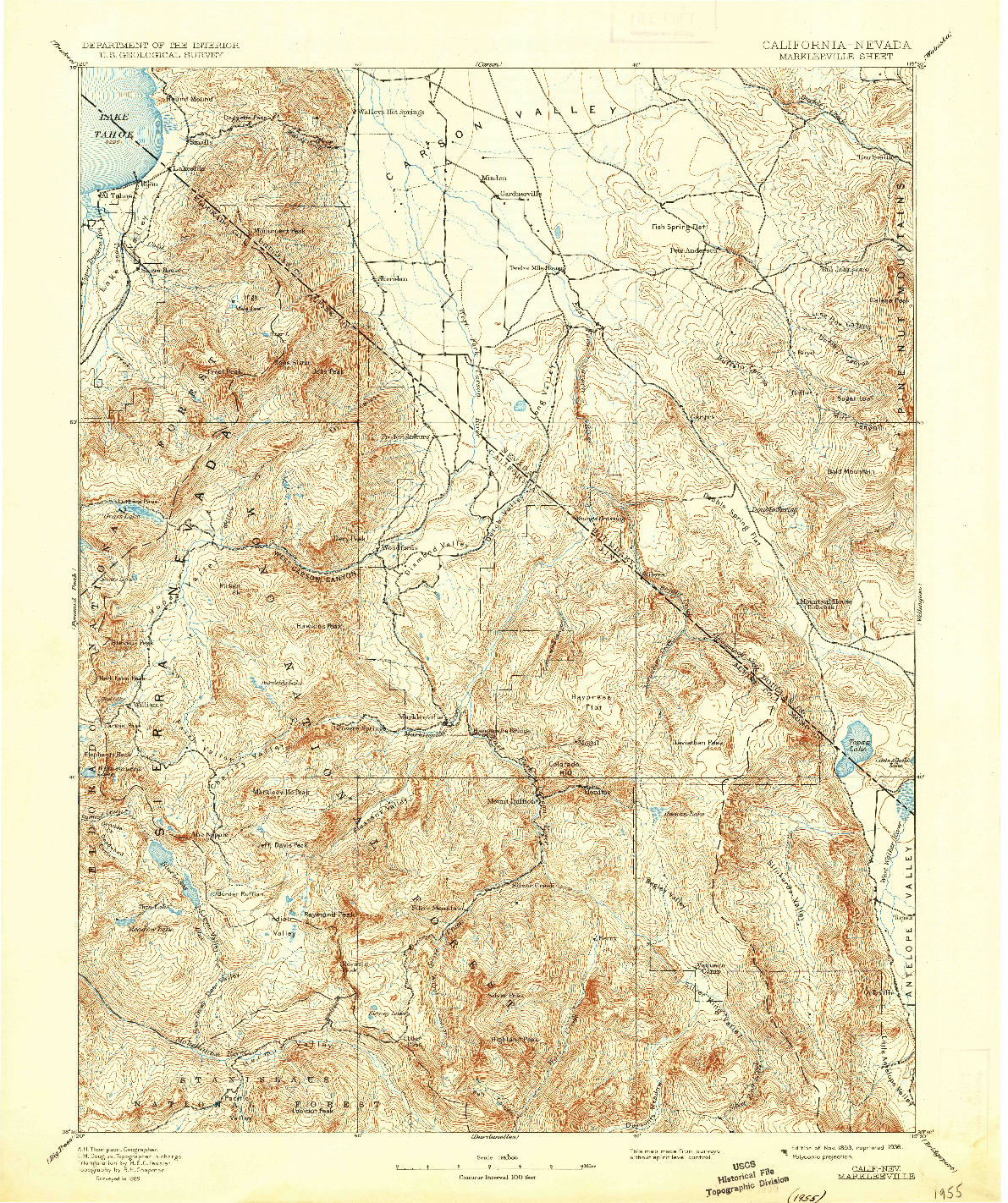 USGS 1:125000-SCALE QUADRANGLE FOR MARKLEEVILLE, CA 1893