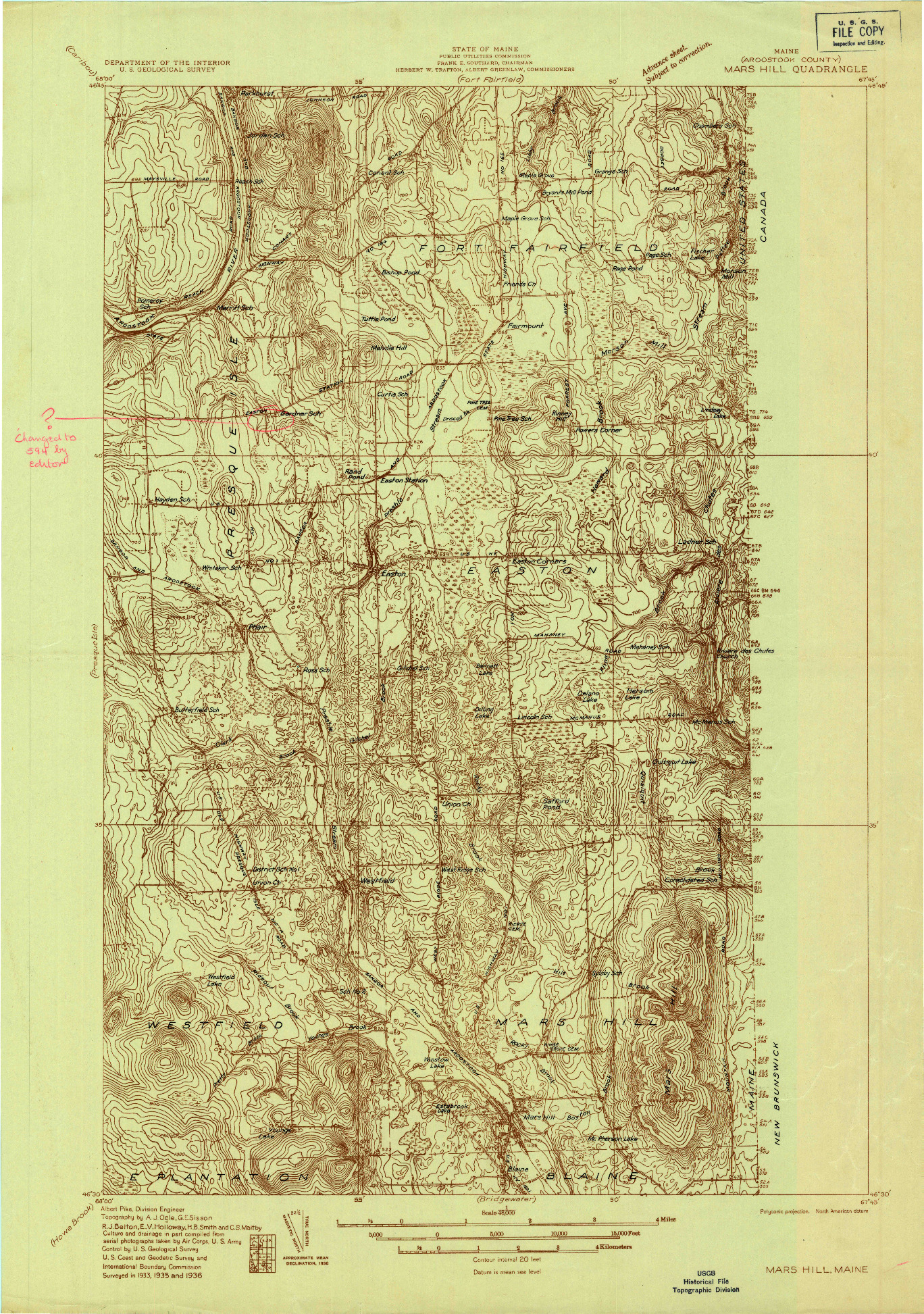 USGS 1:48000-SCALE QUADRANGLE FOR MARS HILL, ME 1936