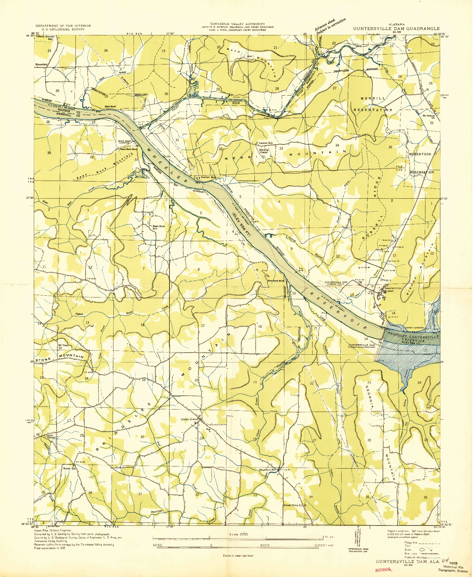 USGS 1:24000-SCALE QUADRANGLE FOR GUNTERSVILLE DAM, AL 1936