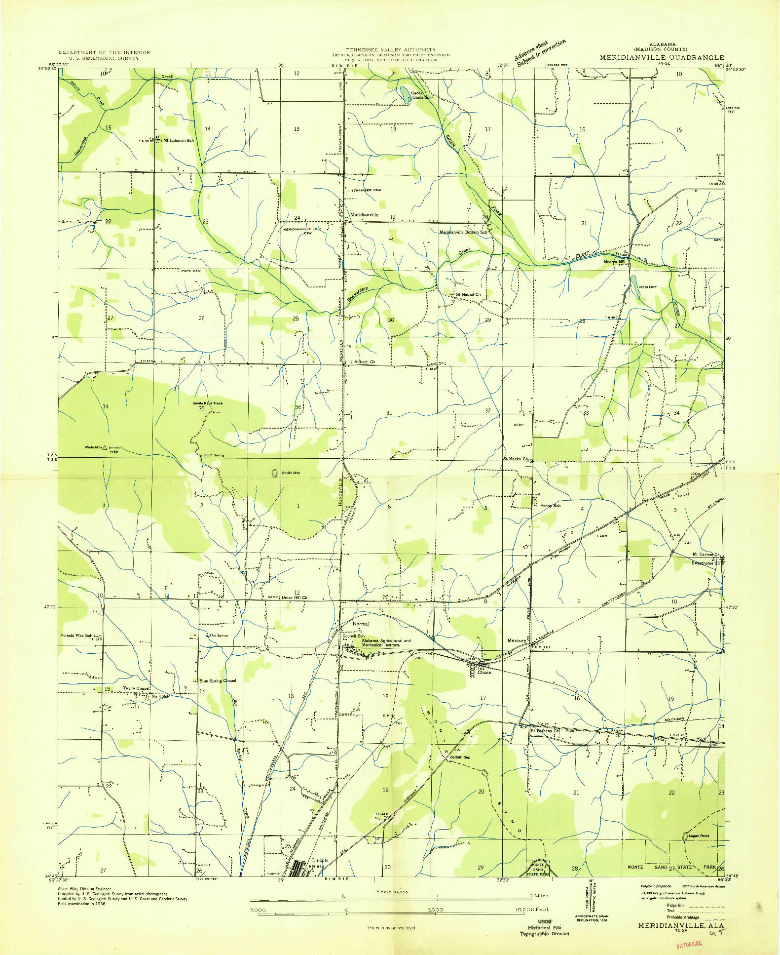 USGS 1:24000-SCALE QUADRANGLE FOR MERIDIANVILLE, AL 1936