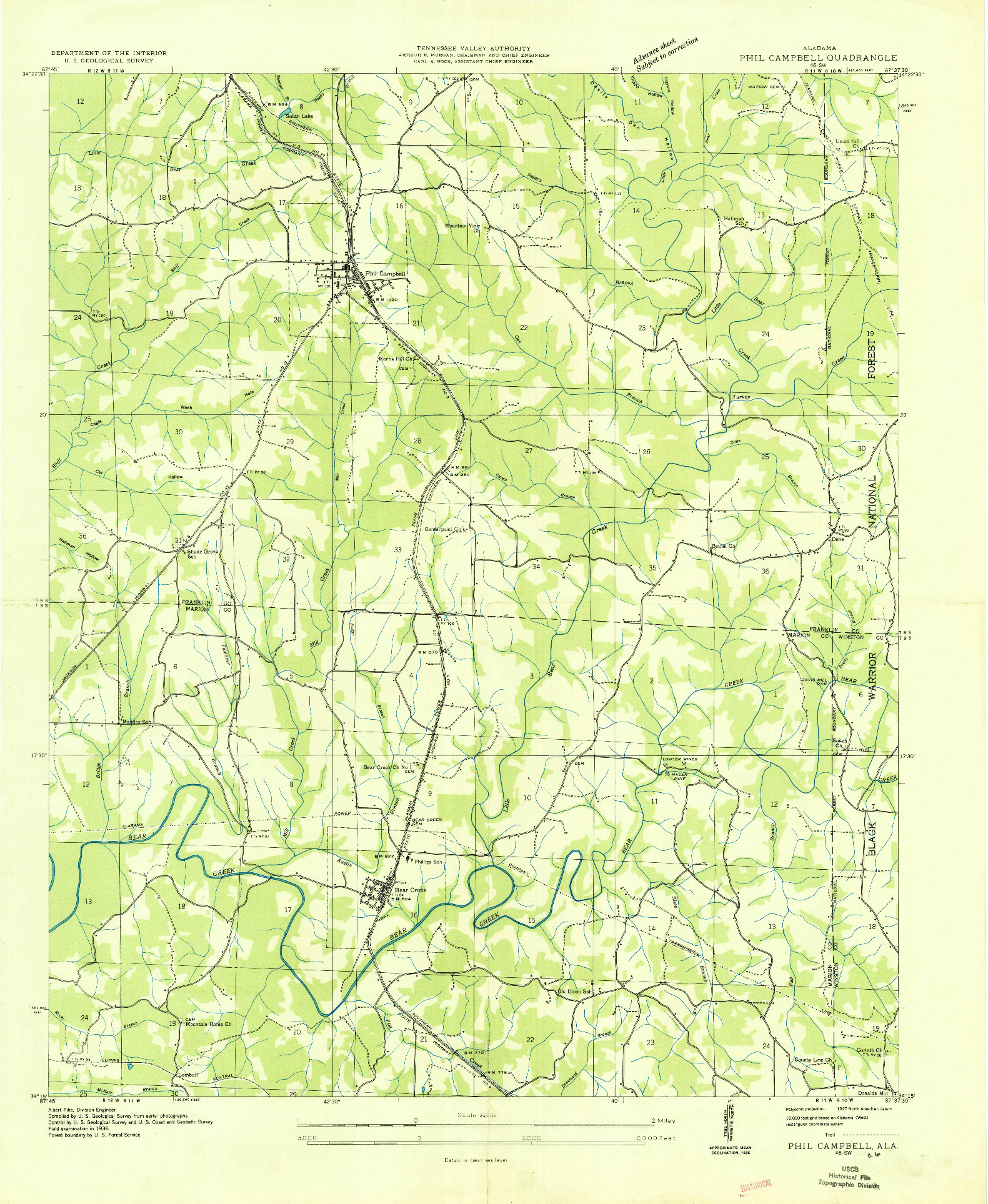 USGS 1:24000-SCALE QUADRANGLE FOR PHIL CAMPBELL, AL 1936