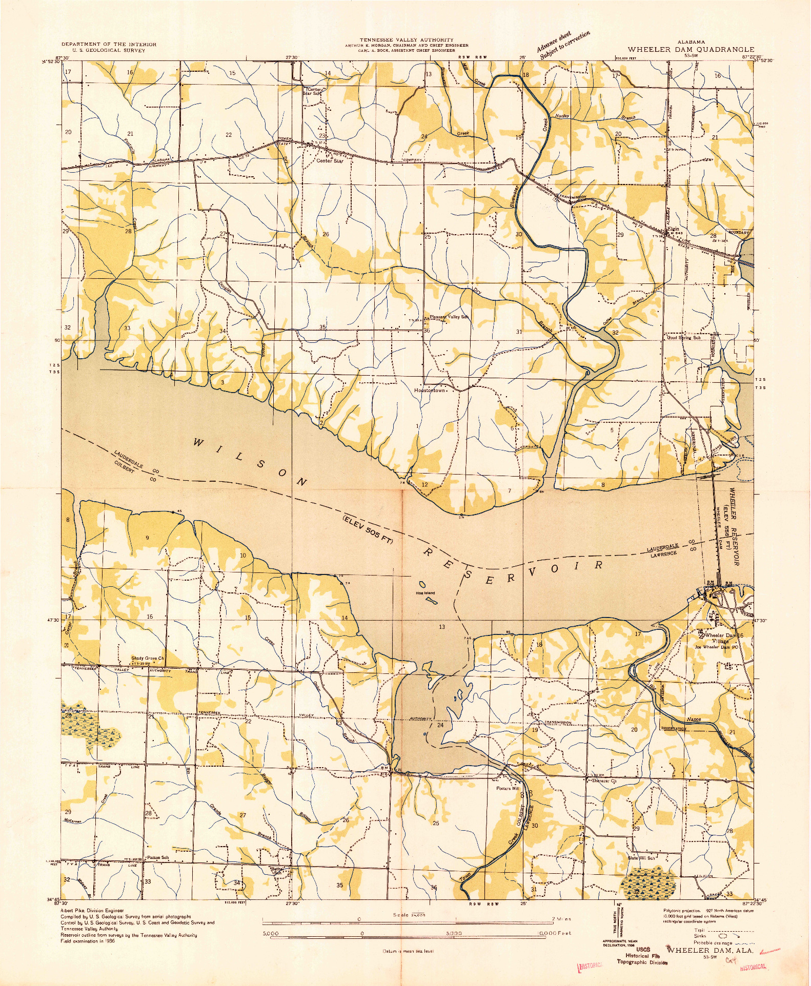 USGS 1:24000-SCALE QUADRANGLE FOR WHEELER DAM, AL 1936