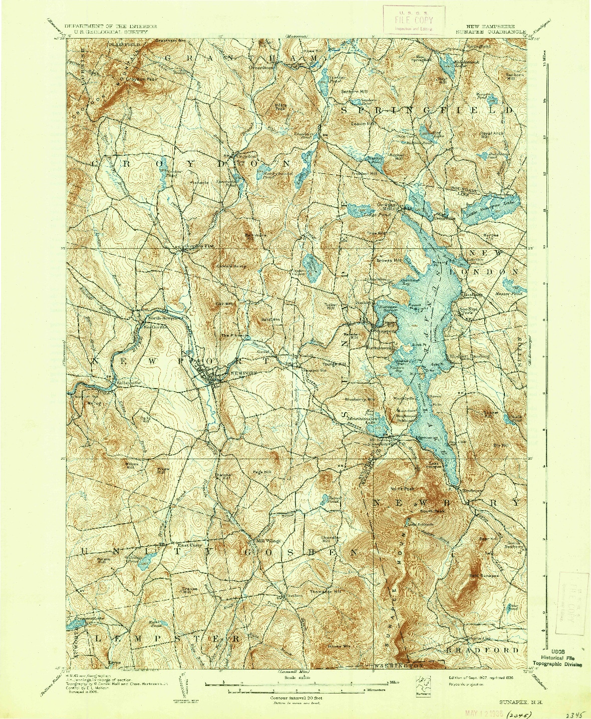 USGS 1:62500-SCALE QUADRANGLE FOR SUNAPEE, NH 1907