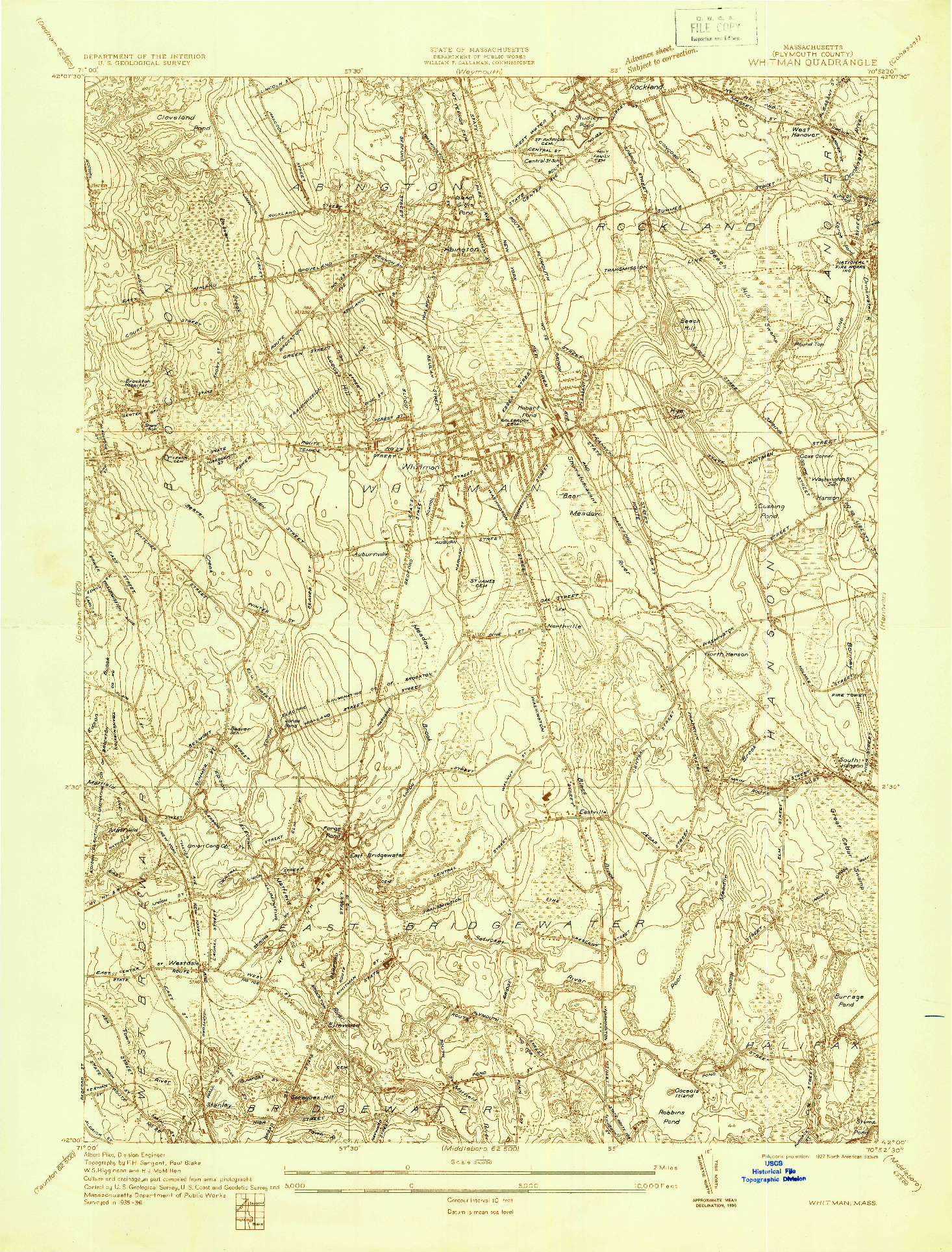 USGS 1:24000-SCALE QUADRANGLE FOR WHITMAN, MA 1936