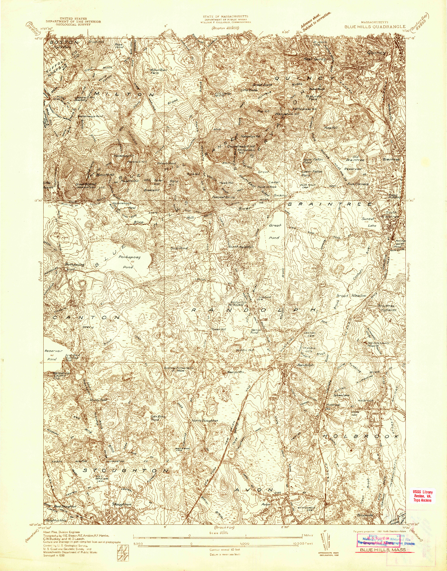 USGS 1:24000-SCALE QUADRANGLE FOR BLUE HILLS, MA 1936