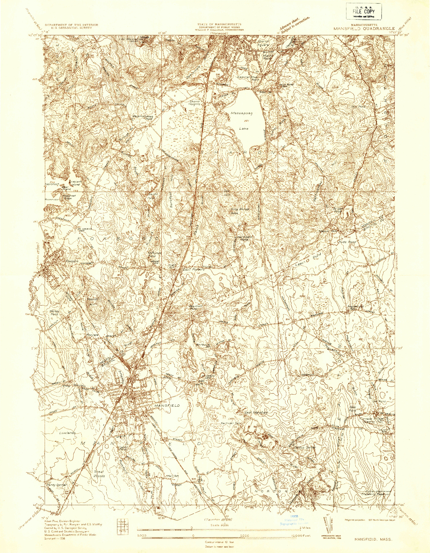 USGS 1:24000-SCALE QUADRANGLE FOR MANSFIELD, MA 1936