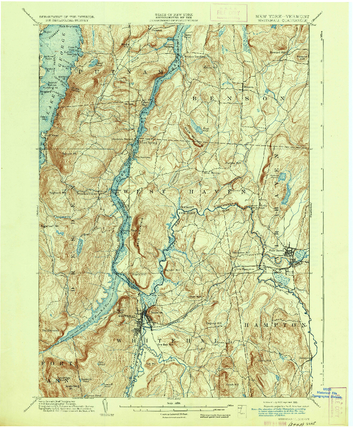 USGS 1:62500-SCALE QUADRANGLE FOR WHITEHALL, NY 1902